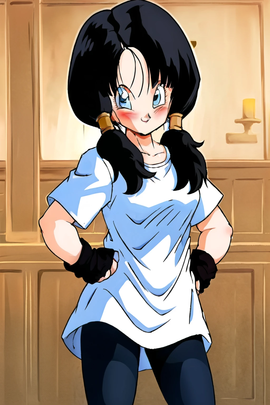 2 people,1 girl, put your hands on your hips,full body figure,
he saw, Saw 2, blue eyes, black hair, Low twintails and short cut,Black tight suit,streak,smile,blush,please open your mouth wide,Are standing,