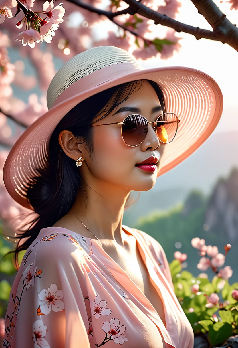 (best quality,4k,8k,highres,masterpiece:1.2),ultra-detailed,(realistic,photorealistic,photo-realistic:1.37),A lanky Asian woman in a (peach translucent summer dress, wide brimmed hat, sunglasses),is drinking her coffee while watching sunrise, spring morning, cherry blossoms,gleaming dew drops,gentle breeze,rays of sunlight filtering through the branches,soft pink petals swirling in the air,natural beauty,serene atmosphere,conscious expression,peaceful ambiance,delicate flowers,intimate connection with nature,tranquil setting,distant mountains,pure serenity,beautiful contrast between the vibrant colors and the calm surroundings,endless horizon,quiet serenade of birds chirping,muted colors,subtle shade of sunlight,ethereal silhouette,dappled light,morning mist,evoking a sense of tranquility,Film Noir touch,exquisite detailing in facial features,fine lines and brushstrokes,true-to-life colors and textures,unmistakable sense of serenity,subdued elegance,vivid colors blended harmoniously,softness of nature,picturesque scene,sublime calmness,sophistication,refined craftsmanship,artistic depiction,eyes filled with wonder and contentment