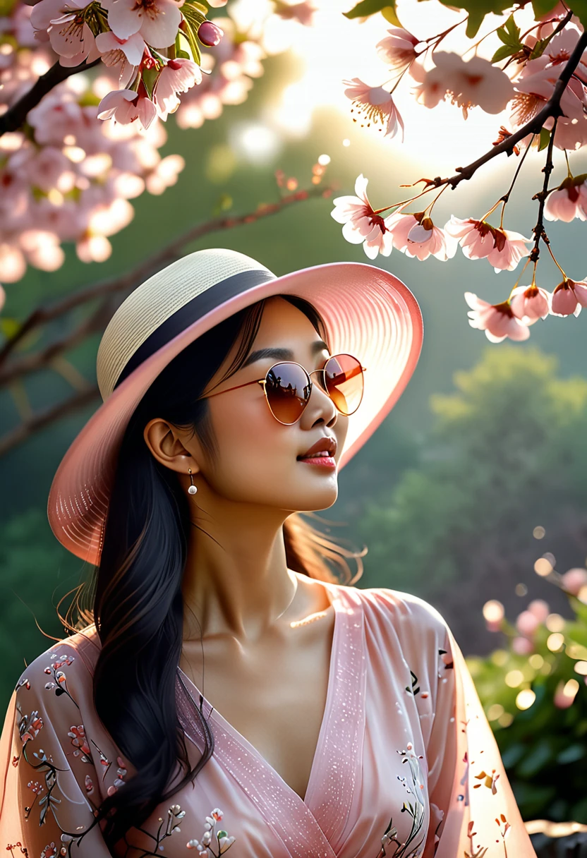 (best quality,4k,8k,highres,masterpiece:1.2),ultra-detailed,(realistic,photorealistic,photo-realistic:1.37),A lanky Asian woman in a (peach translucent summer dress, wide brimmed hat, sunglasses),is drinking her coffee while watching sunrise, spring morning, cherry blossoms,gleaming dew drops,gentle breeze,rays of sunlight filtering through the branches,soft pink petals swirling in the air,natural beauty,serene atmosphere,conscious expression,peaceful ambiance,delicate flowers,intimate connection with nature,tranquil setting,distant mountains,pure serenity,beautiful contrast between the vibrant colors and the calm surroundings,endless horizon,quiet serenade of birds chirping,muted colors,subtle shade of sunlight,ethereal silhouette,dappled light,morning mist,evoking a sense of tranquility,Film Noir touch,exquisite detailing in facial features,fine lines and brushstrokes,true-to-life colors and textures,unmistakable sense of serenity,subdued elegance,vivid colors blended harmoniously,softness of nature,picturesque scene,sublime calmness,sophistication,refined craftsmanship,artistic depiction,eyes filled with wonder and contentment