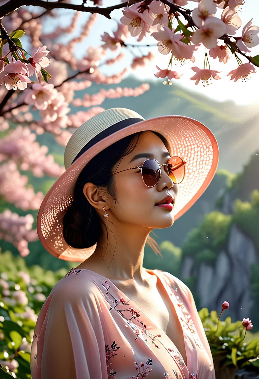 (best quality,4k,8k,highres,masterpiece:1.2),ultra-detailed,(realistic,photorealistic,photo-realistic:1.37),A lanky Asian woman in a (peach translucent summer dress, wide brimmed hat, sunglasses),is drinking her coffee while watching sunrise, spring morning, cherry blossoms,gleaming dew drops,gentle breeze,rays of sunlight filtering through the branches,soft pink petals swirling in the air,natural beauty,serene atmosphere,conscious expression,peaceful ambiance,delicate flowers,intimate connection with nature,tranquil setting,distant mountains,pure serenity,beautiful contrast between the vibrant colors and the calm surroundings,endless horizon,quiet serenade of birds chirping,muted colors,subtle shade of sunlight,ethereal silhouette,dappled light,morning mist,evoking a sense of tranquility,Film Noir touch,exquisite detailing in facial features,fine lines and brushstrokes,true-to-life colors and textures,unmistakable sense of serenity,subdued elegance,vivid colors blended harmoniously,softness of nature,picturesque scene,sublime calmness,sophistication,refined craftsmanship,artistic depiction,eyes filled with wonder and contentment