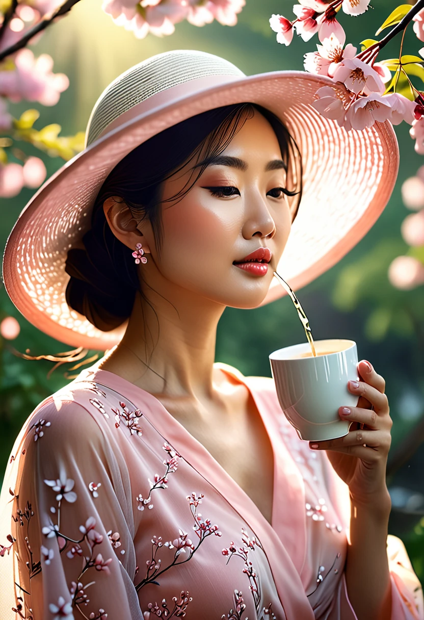 (best quality,4k,8k,highres,masterpiece:1.2),ultra-detailed,(realistic,photorealistic,photo-realistic:1.37),A lanky Asian woman in a (peach translucent summer dress, wide brimmed hat, sunglasses),is drinking her coffee while watching sunrise, spring morning, cherry blossoms,gleaming dew drops,gentle breeze,rays of sunlight filtering through the branches,soft pink petals swirling in the air,natural beauty,serene atmosphere,conscious expression,peaceful ambiance,delicate flowers,intimate connection with nature,tranquil setting,distant mountains,pure serenity,beautiful contrast between the vibrant colors and the calm surroundings,endless horizon,quiet serenade of birds chirping,muted colors,subtle shade of sunlight,ethereal silhouette,dappled light,morning mist,evoking a sense of tranquility,Film Noir touch,exquisite detailing in facial features,fine lines and brushstrokes,true-to-life colors and textures,unmistakable sense of serenity,subdued elegance,vivid colors blended harmoniously,softness of nature,picturesque scene,sublime calmness,sophistication,refined craftsmanship,artistic depiction,eyes filled with wonder and contentment