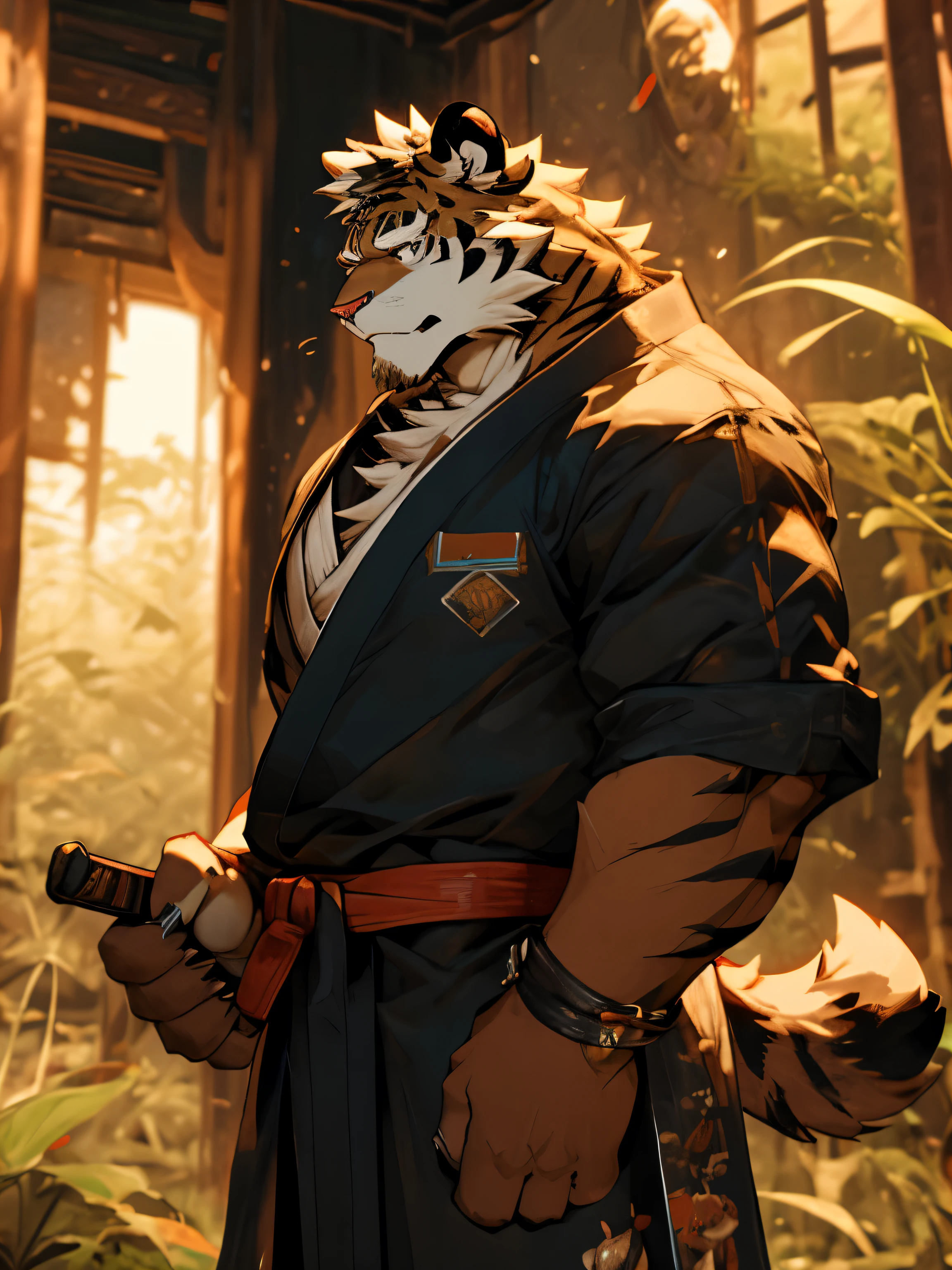 (Masterpiece), very detailed, 8k, (best quality), tiger, (((white fur)), tall and strong, strong muscles, ((holding a sword)), cyan Hanfu, martial arts style, confident smile, bamboo forest in the background
