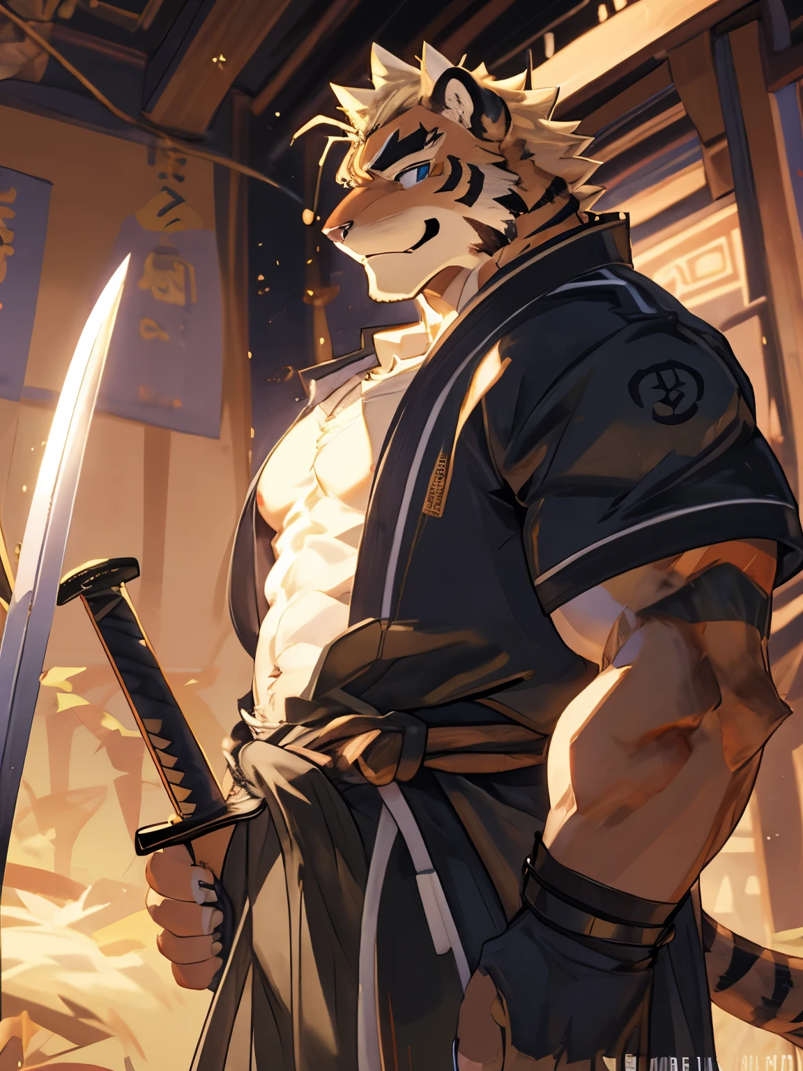 (Masterpiece), very detailed, 8k, (best quality), a tall and strong white tiger, ((holding a sword)), cyan Hanfu, martial arts style, confident smile, with bamboo forest in the background