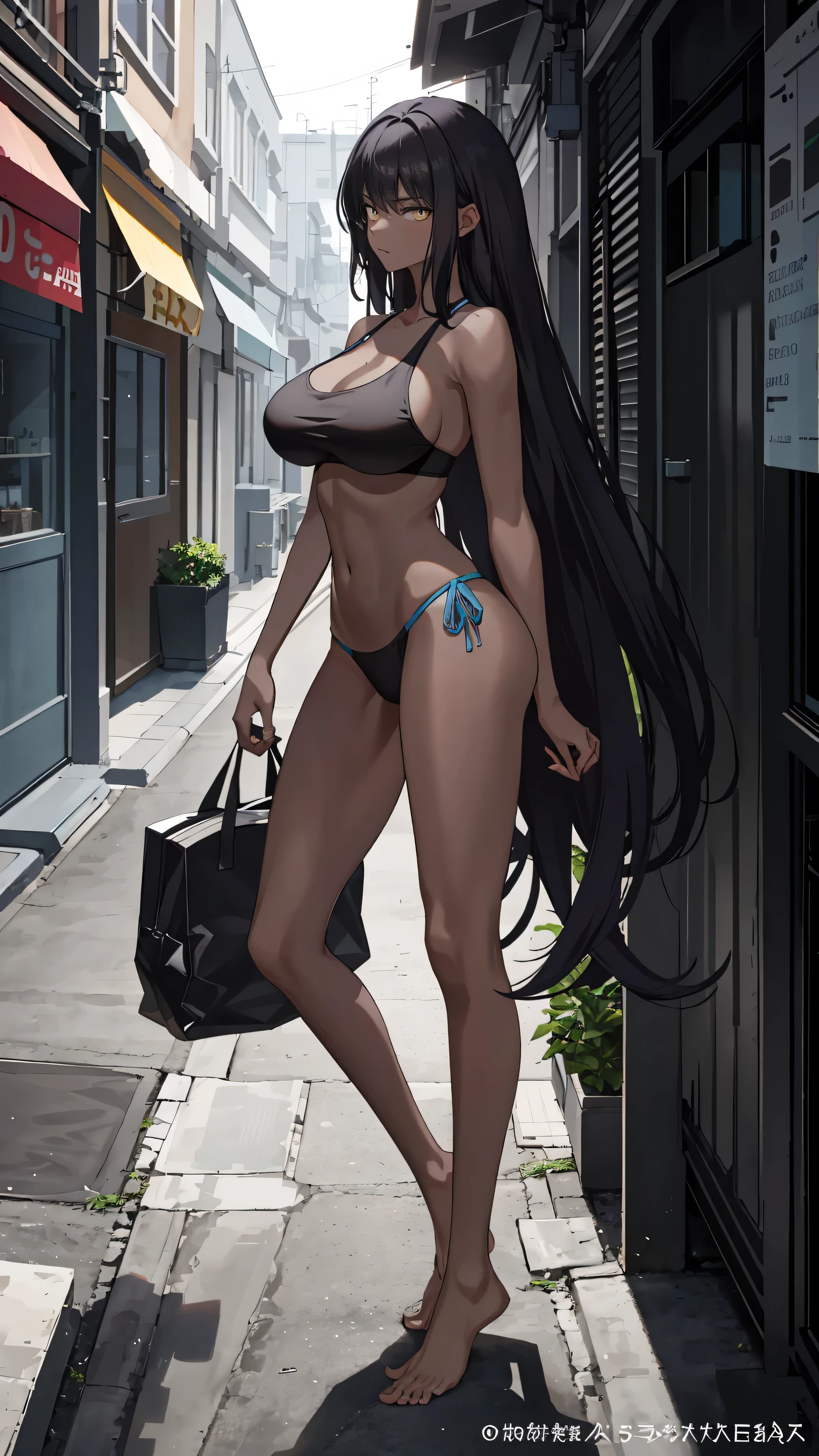 Masterpiece, best quality, high resolution, 1 woman, black skin , long black hair , black tank top , bikini , abdomen , big breasts, Long legs , Barefoot , Stand with feet hips. , alley , roadside , population