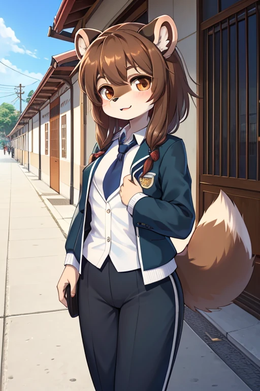 garota tanuki, 14 anos de idade, furry, usando uniforme escolar (estilo de escolas japonesas), corpo bem definido, na rua indo para a escola, imagem de melhor qualidade, super detalhada, estilo anime