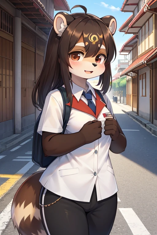 garota tanuki, 14 anos de idade, furry, usando uniforme escolar (estilo de escolas japonesas), corpo bem definido, na rua indo para a escola, imagem de melhor qualidade, super detalhada, estilo anime