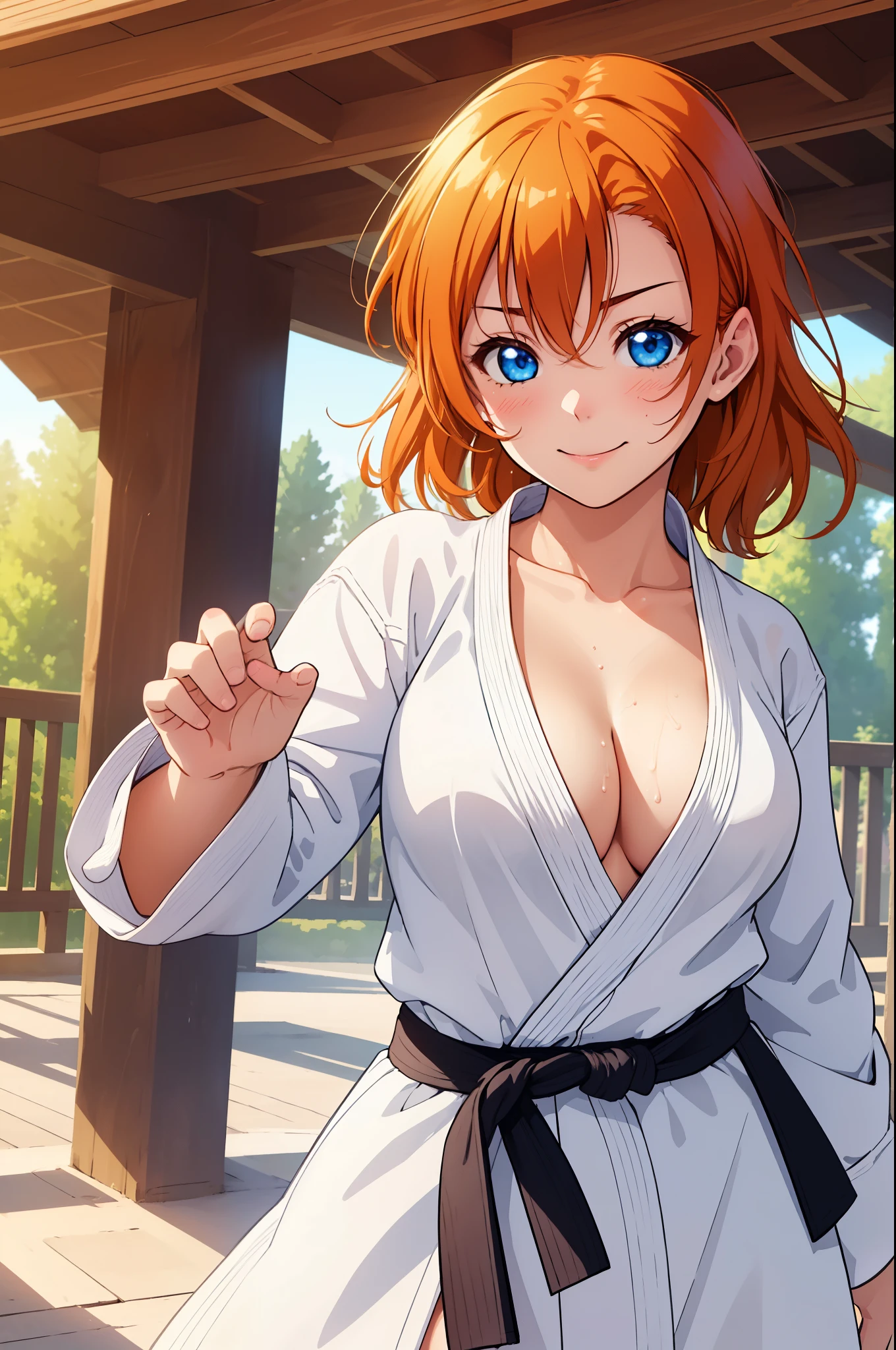 (Masterpiece, Best Quality, High Quality), upper body,volumetric lighting, illustration, beautiful, perfect lighting, perfect shadows, (breathtaking scenery:1.1), blushing, facing viewer, standing,Kousaka honoka, blue eyes, orange hair,karate gi,white karate custom, big breasts,bare breasts, cleavage, sweating, smile