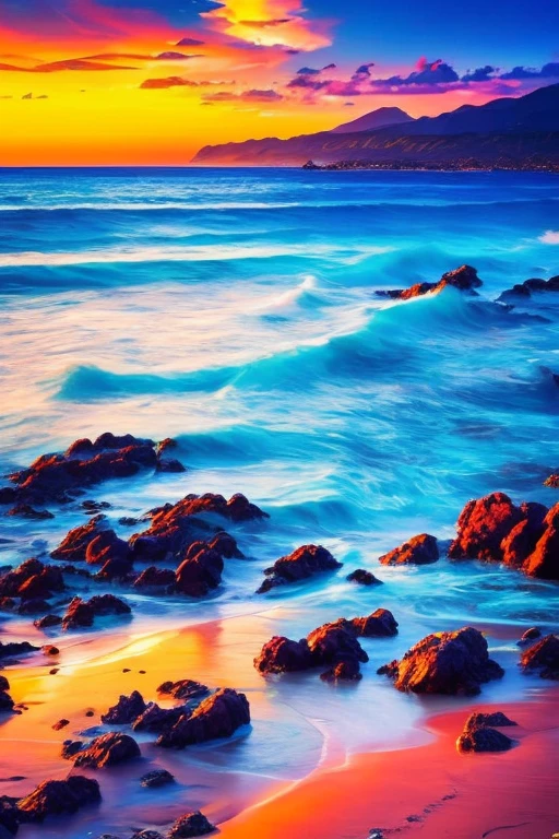 Colorful ocean, big rainbow clouds, private beach, sunset, spectacular scenery, reincarnation, polar regions, phoenix, big full moon, angel ladde