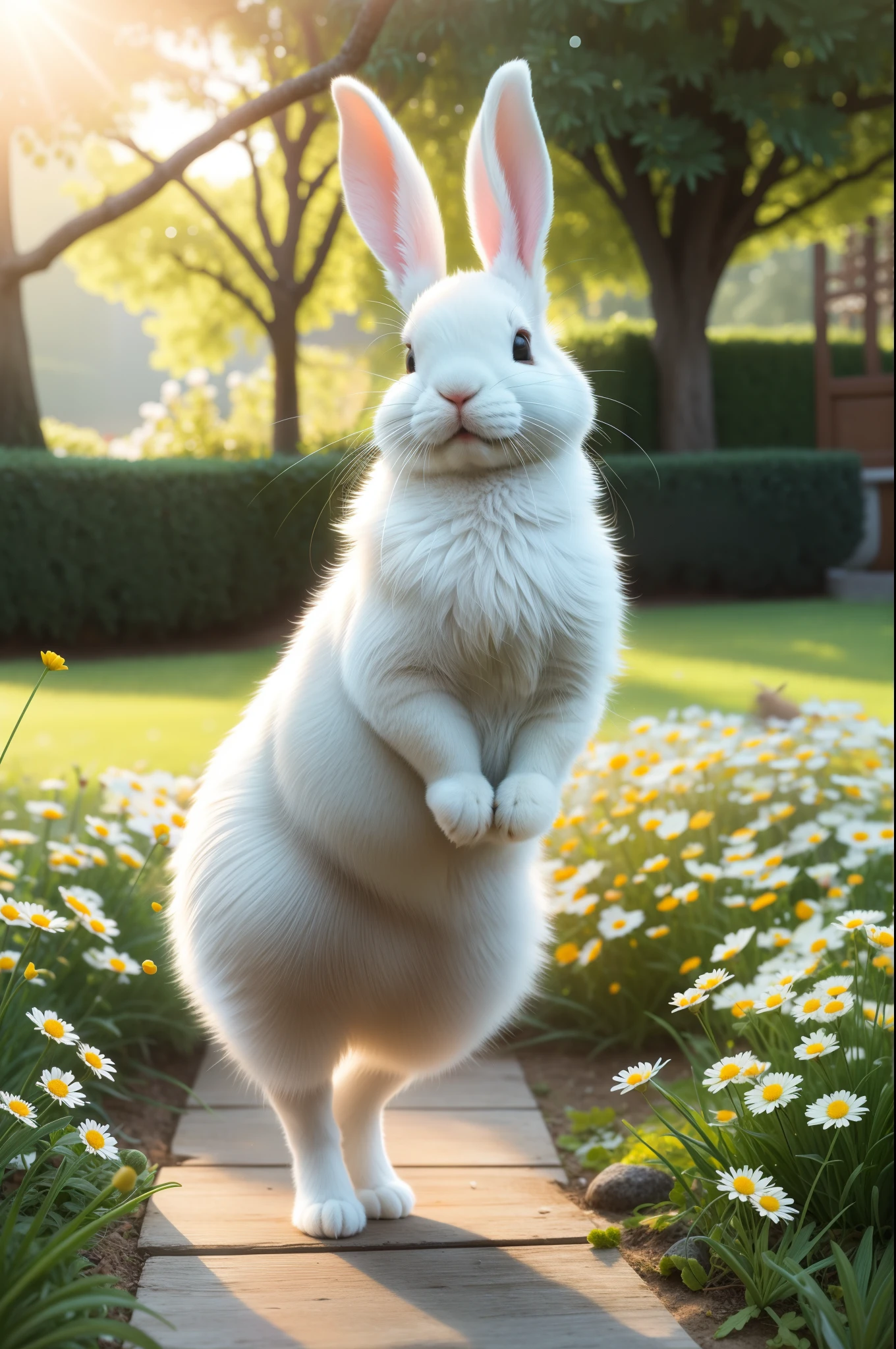 (best quality, 8k, Highers, masterpiece:1.2), ultra-detailed, realistic, photorealistic, photo-realistic, bunnies, nature, beautiful flowers, soft sunlight, playful atmosphere, young girl enjoying the morning, serene environment, vibrant colors, golden hour lighting ,spring morning, lovely rabbits, happy and cheerful, delicate daisies, gentle breeze, lush green grass, innocent curiosity, joyful hopping, warm and inviting, peaceful surroundings, colorful blossoms, hopping little creatures, refreshing scent of flowers, tranquil atmosphere, new life in nature, exploring the garden, climbing trees, adorable fluffy tails, blending with nature, whispering melodies of birds, tiny paw prints on the ground, blissful springtime, magical moments, capturing the essence of Spring, bright and sunny day, enchanting beauty, nurturing environment, awakening nature, delightful morning scene, euphoric vibes, lively bunnies, energetic and playful, harmonious coexistence,