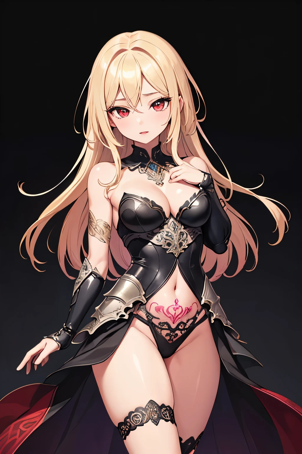1girl, anime, cute girl, blank background, white background, fantasy, detailed fantasy dress with highlights, beautiful face, beautiful eyes, dark colors, black hair with multicolor streaks, red eye with different color pupil in eye, multicolor eye, medium small breasts (slightly big), slight cleavage, beautiful skin, cute, breast curtains, extremely delicate and beautiful, (beautiful detailed face:1.0), (detailed deep eyes), symmetrical breasts, deep eyes, shiny skin, portrait, slender waist, hips wider than shoulders, thighs, expressionless, young girl, luminous eyes, adorable,(Kpop idol),(aegyo sal:1),(Platinum blonde hair:1),((puffy eye)),Black panty,sexy posture,Superskirt, ultra high resolution,Black collar,slim figure, Abdominal y tattoo, womb tattoo,Tight-fitting leg ring,y tattoo on half-body,Bare skin, Armored hand,Hidden fingertips,Hand covered,Arm covered,Fist covered,{{beautiful detailed fingers}}, tufts of hair, moderate beautiful breast:1.0,(masterpiece:1.2), best quality, high-res, HDR, perfect face, intricate armor, delicate blue filigree, intricate filigree, red metalic parts, detailed part, dynamic pose, dynamic lights,