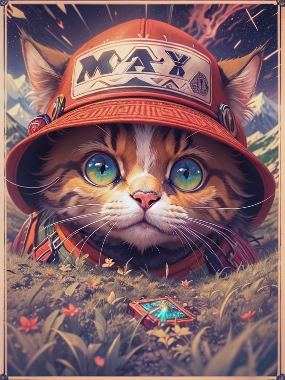 ((Best quality)) , ((Masterpiece)) , (Detailed) ,Close-up of the Cat , Mario's red hat, (Fantasy illustration:1.3),Carry a travel backpack,masterwork, Majestic, It is very brown and white, In lovely Auckland, Dense mountains and shooting stars in the background, during dawn, split diopter, screen print, Energetic, fashwave, Cinematic lighting, Low shutter, Supersaturation, Intricate, DayGlo Green & Gradient Fractal Art, Adobe Lightroom, most beautiful artwork in the world, 8K resolution