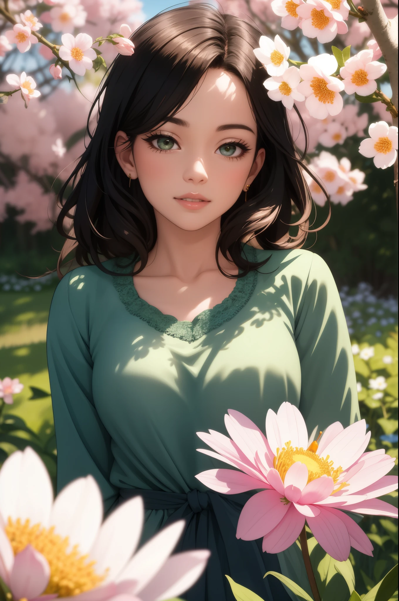 (best quality, 8k, Highers, masterpiece:1.2), ultra-detailed, realistic, photorealistic, photo-realistic, bunnies, nature, beautiful flowers, soft sunlight, playful atmosphere, young girl enjoying the morning, serene environment, vibrant colors, golden hour lighting ,spring morning, lovely rabbits, happy and cheerful, delicate daisies, gentle breeze, lush green grass, innocent curiosity, joyful hopping, warm and inviting, peaceful surroundings, colorful blossoms, hopping little creatures, refreshing scent of flowers, tranquil atmosphere, new life in nature, exploring the garden, climbing trees, adorable fluffy tails, blending with nature, whispering melodies of birds, tiny paw prints on the ground, blissful springtime, magical moments, capturing the essence of Spring, bright and sunny day, enchanting beauty, nurturing environment, awakening nature, delightful morning scene, euphoric vibes, lively bunnies, energetic and playful, harmonious coexistence,