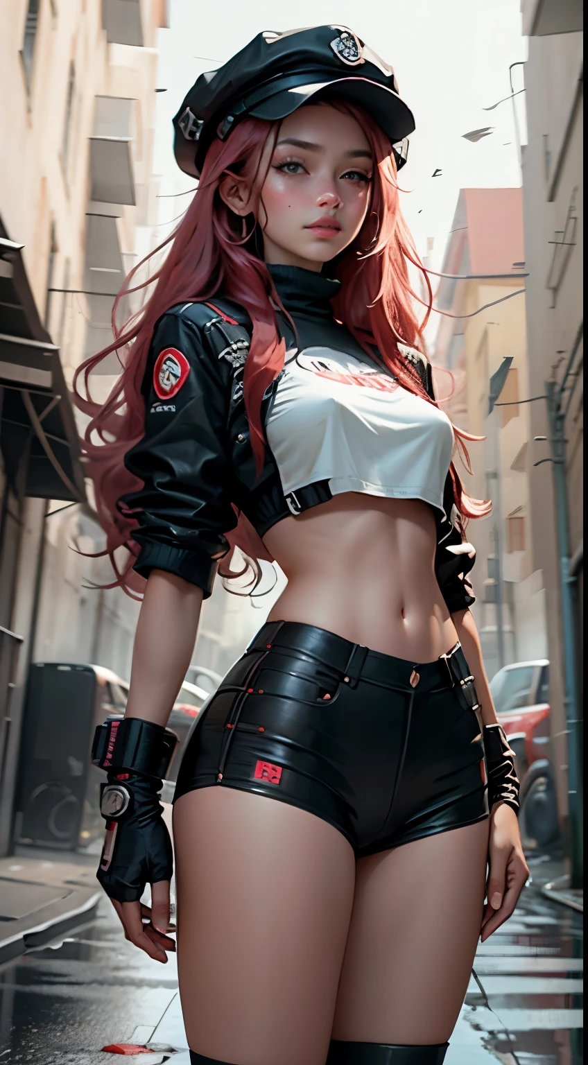 motor irreal:1.4,CG ultra realista K, fotorrealista:1.4, textura da pele:1.4, Obra-prima:1.4,Beautiful woman with long hair hat、Roupas curtas amarelas estilo cyberpunk, pantimedia vermelha , mini saia azul,