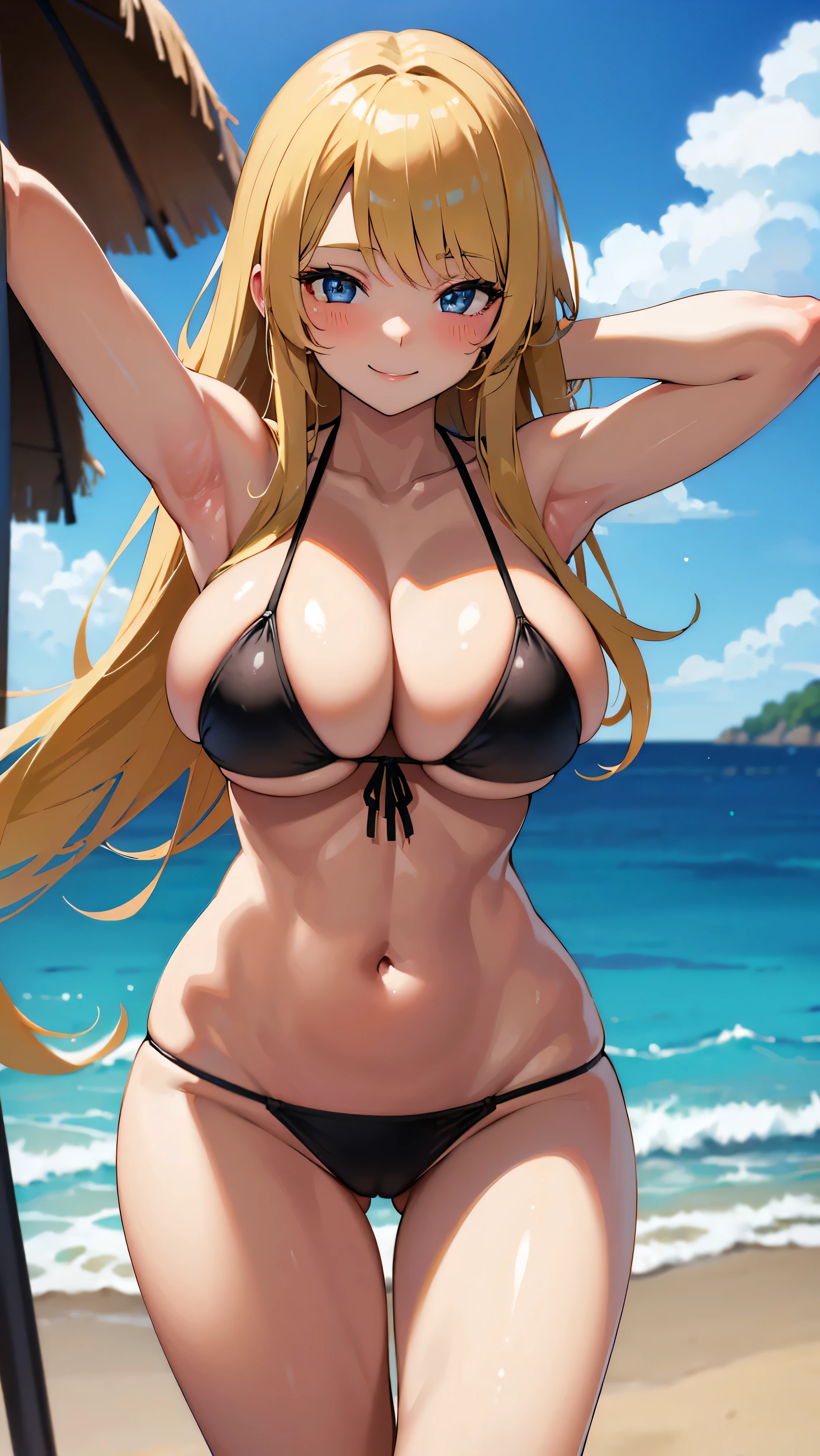 (Best quality:1.3), 90s style, blonde long hair, large breasts, smiling, blushing:1.2, (pov, close shot), thighs, bikini, beach