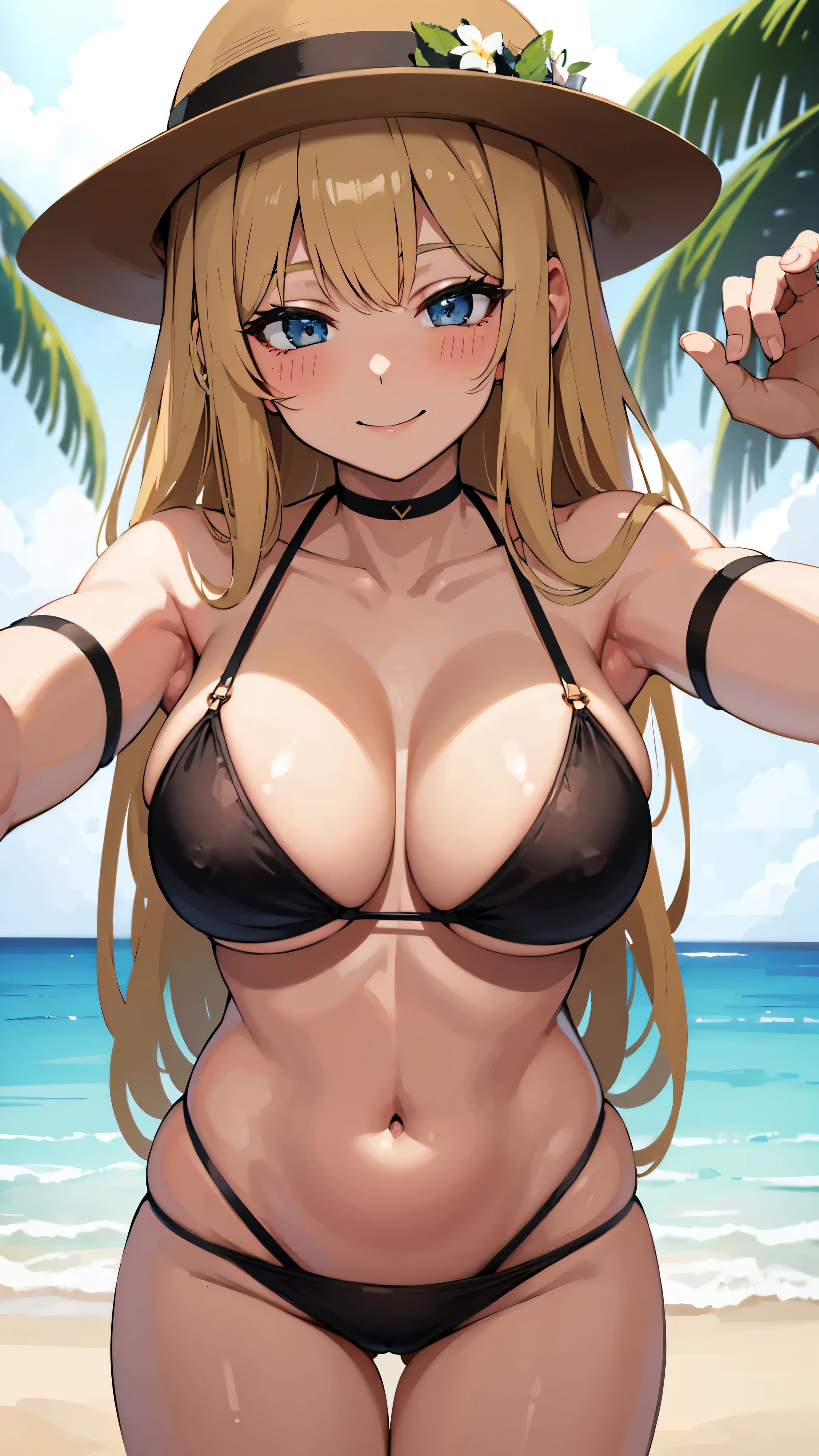 (Best quality:1.3), 90s style, blonde long hair, large breasts, smiling, blushing:1.2, (pov, close shot), thighs, bikini, beach