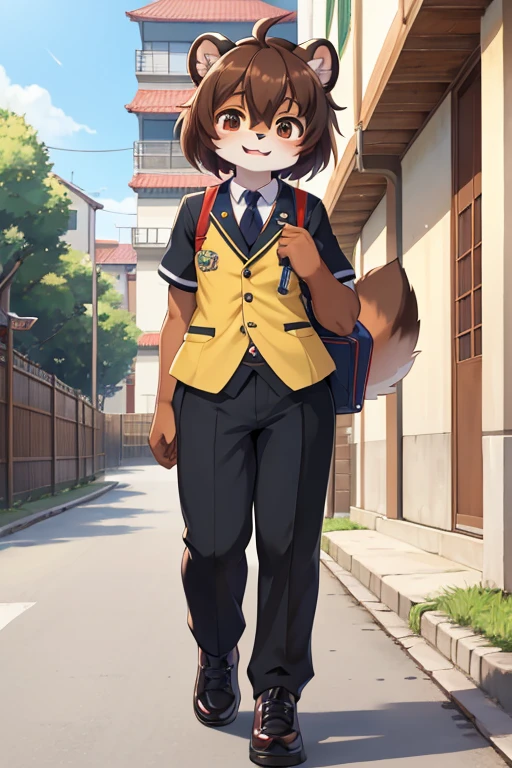 garota tanuki, 14 anos de idade, furry, usando uniforme escolar (estilo de escolas japonesas), corpo bem definido, na rua indo para a escola, imagem de melhor qualidade, super detalhada, estilo anime