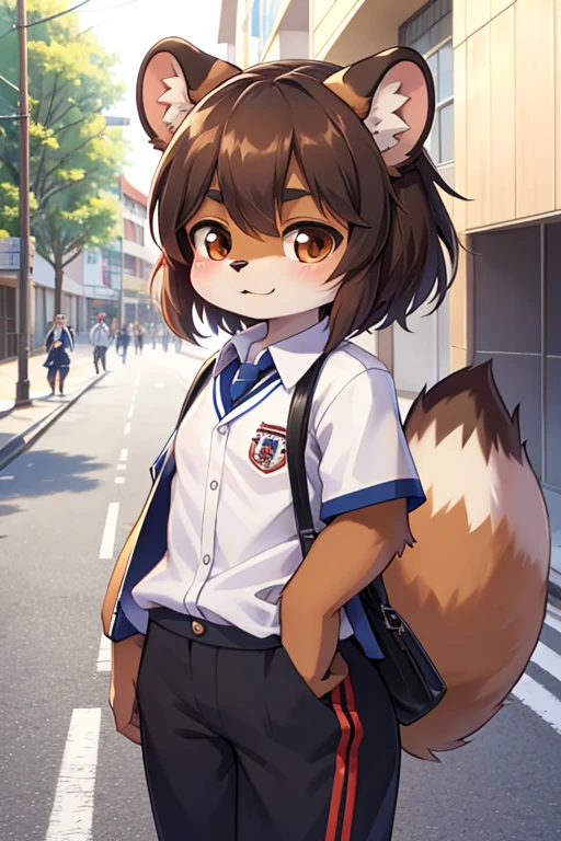 garota tanuki, 14 anos de idade, furry, usando uniforme escolar (estilo de escolas japonesas), corpo bem definido, na rua indo para a escola, imagem de melhor qualidade, super detalhada, estilo anime