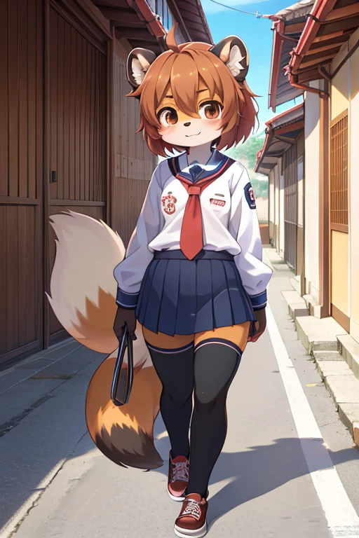 garota tanuki, 14 anos de idade, furry, usando uniforme escolar (estilo de escolas japonesas), corpo bem definido, na rua indo para a escola, imagem de melhor qualidade, super detalhada, estilo anime