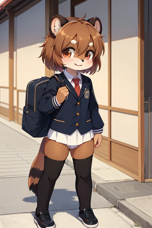 garota tanuki, 14 anos de idade, furry, usando uniforme escolar (estilo de escolas japonesas), corpo bem definido, na rua indo para a escola, imagem de melhor qualidade, super detalhada, estilo anime