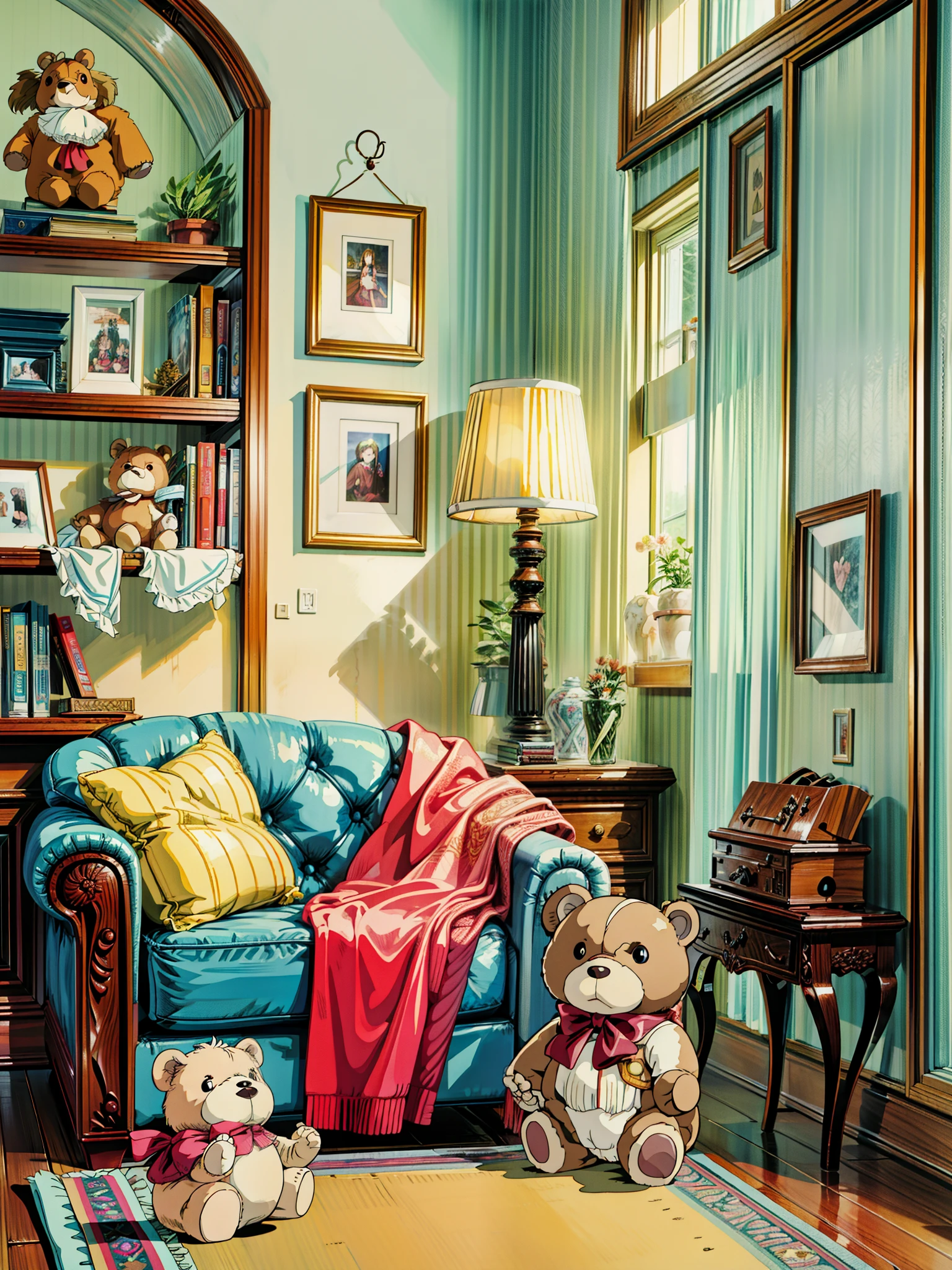 a living room filled with furniture and a teddy bear, cozy home background, cozy living room background, cute room, thomas kinkade. cute cozy room, warm interiors, cozy calm! fabrics textiles, cozy wallpaper, personal room background, interior design background, interior decoration, homely atmosphere, a room, cozy and peaceful atmosphere, furnished room, popular interior design style,Beautiful art uhd 4 k, a beautiful artwork illustration, beautiful digital painting, highly detailed digital painting, beautiful digital artwork, detailed painting 4 k, very detailed digital painting, rich picturesque colors, gorgeous digital painting