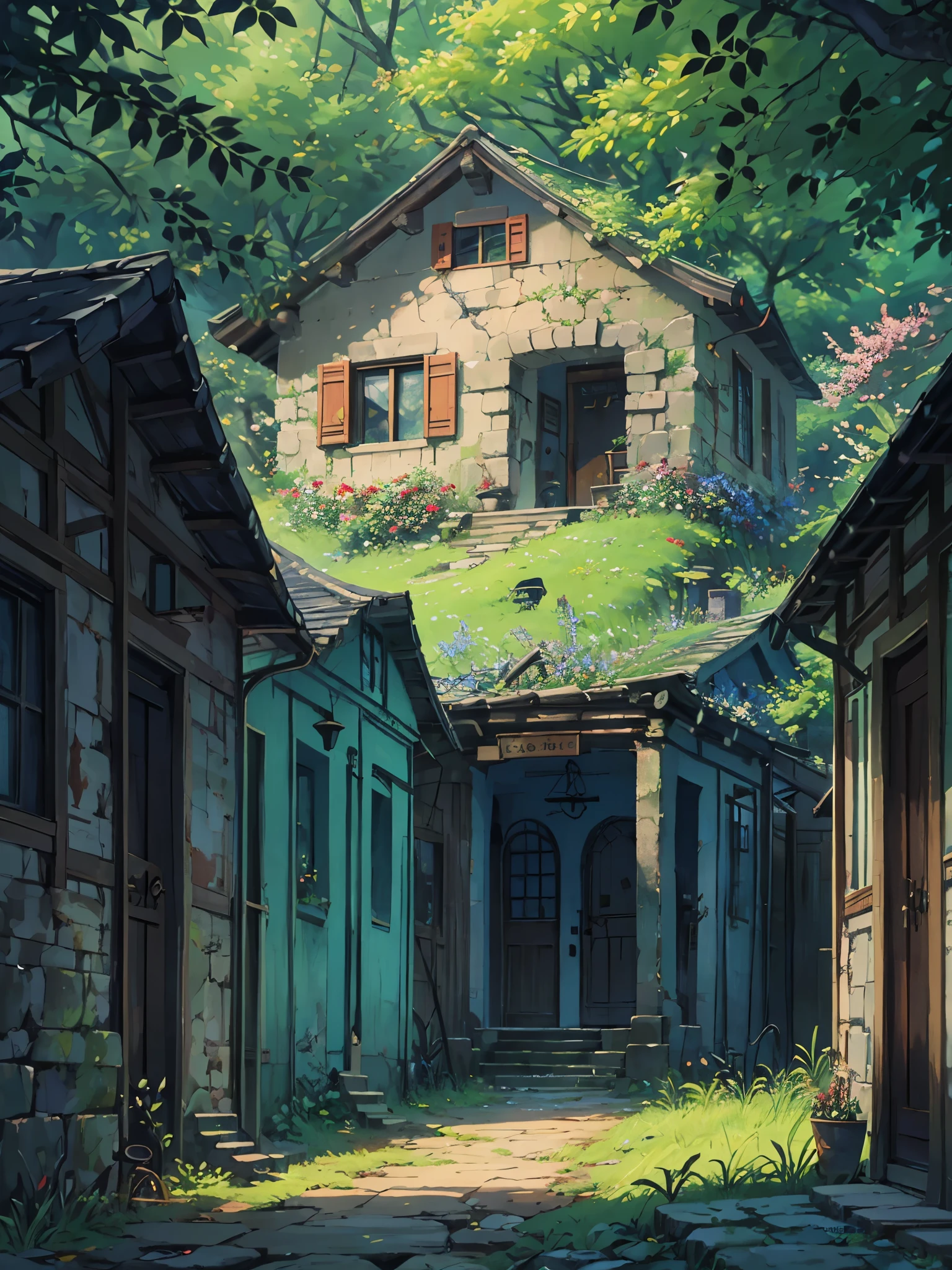 a blue hut with cracked walls, faded paint, evening time, acacia dealbata flowers, banyan tree, shade, ghibli style, village, vibrant colors, intrinsic details, scenery, micro landscape