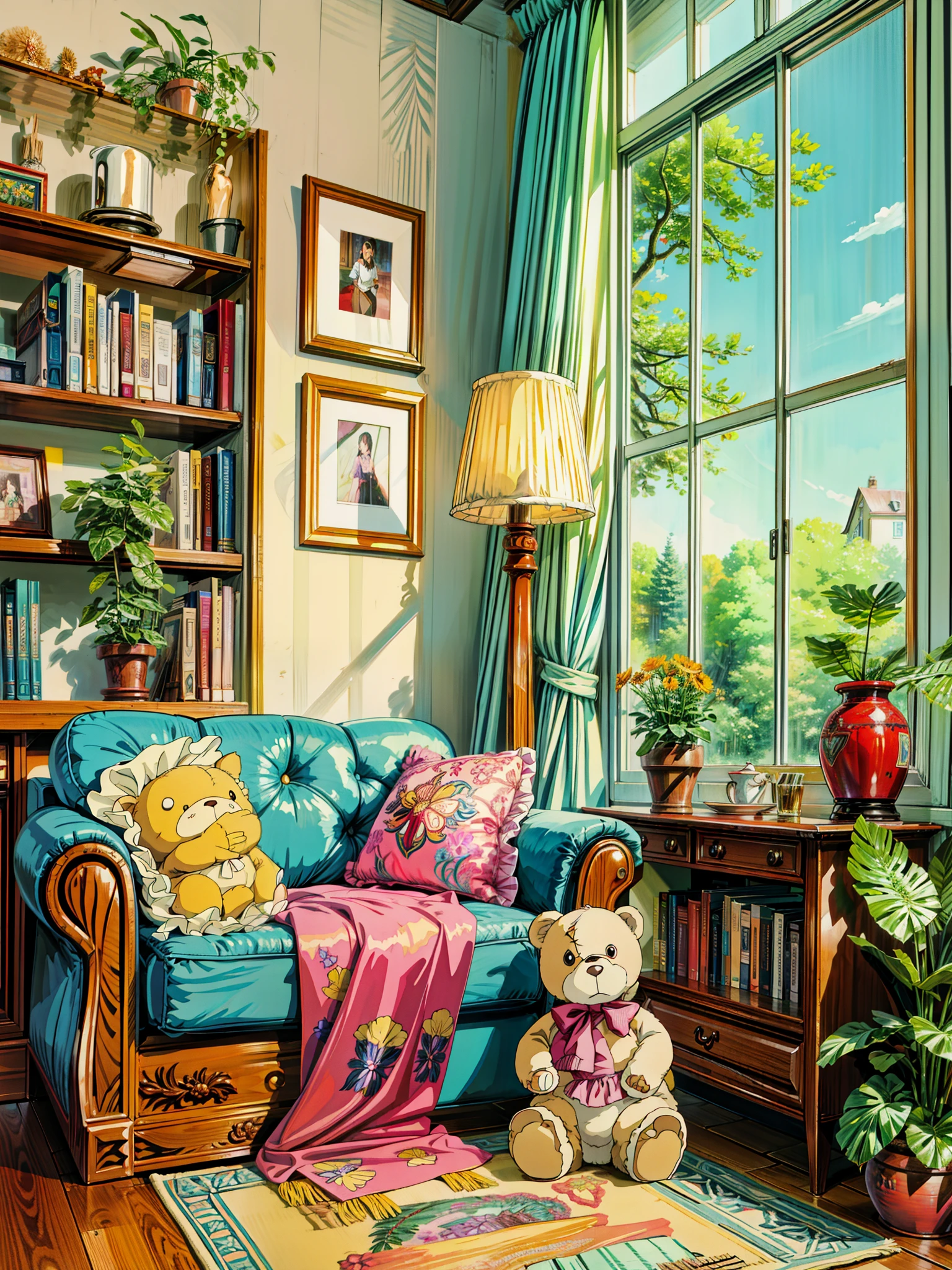 a living room filled with furniture and a teddy bear, cozy home background, cozy living room background, cute room, thomas kinkade. cute cozy room, warm interiors, cozy calm! fabrics textiles, cozy wallpaper, personal room background, interior design background, interior decoration, homely atmosphere, a room, cozy and peaceful atmosphere, furnished room, popular interior design style,Beautiful art uhd 4 k, a beautiful artwork illustration, beautiful digital painting, highly detailed digital painting, beautiful digital artwork, detailed painting 4 k, very detailed digital painting, rich picturesque colors, gorgeous digital painting