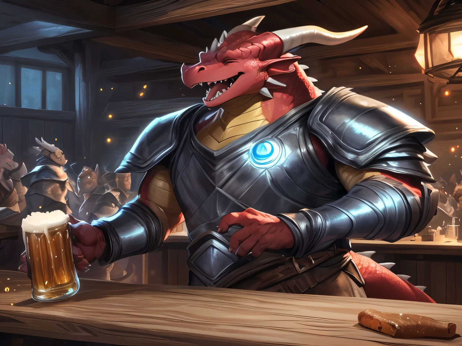 solo, male, adventurer, (male anthro dragon:1.3), (red body:1.1), yellow belly, (standing:1.3), (kemono:1.2), (tavern:1.23), heavy armor, (plate armor), (laugh:1.3), eyes closed, open mouth, tongue, (beer), detailed eyes, dragon tail, horn, (bust portrait), (detailed eyes), (indoors:1.35), table, bar counter, food, dnd, crowd, (dark:1.4), (particles ,firefly, blue glowing:1.3), detailed background, 8k hd, (dark shadows, wide dynamic range, hdr, low light:1.2), by Pino Daeni, canyne khai, milkytiger1145, (bara), [dagasi, yupa]