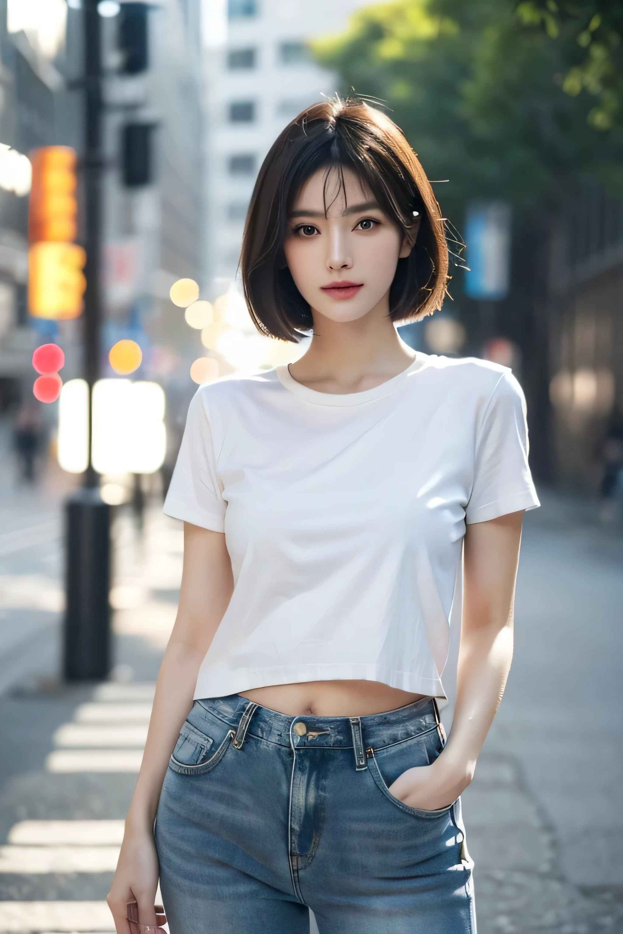 (highest quality,4k,8K,High resolution,masterpiece:1.2),Super detailed,(realistic,photorealistic,photo-realistic:1.37),japanese female model,plain black short sleeve hip length t-shirt,short denim,(detailed and beautiful eyes,beautiful detailed lips,highly detailed eyes and face,long eyelashes),short cut hair style,shy-smile,(thin waist, toned legs),(Stylish high heels:1.1),from front,hands in pocket,Modern urban background,professional photography lighting,(Bright colors,contrast:1.1),subtle bokeh,calm color palette, Ulchan-6500-v1.1 Information