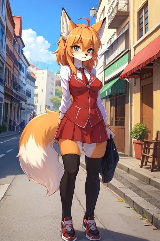 garota tanuki, 14 anos de idade, furry, usando uniforme escolar (estilo de escolas japonesas), corpo bem definido, na rua indo para a escola, imagem de melhor qualidade, super detalhada, estilo anime