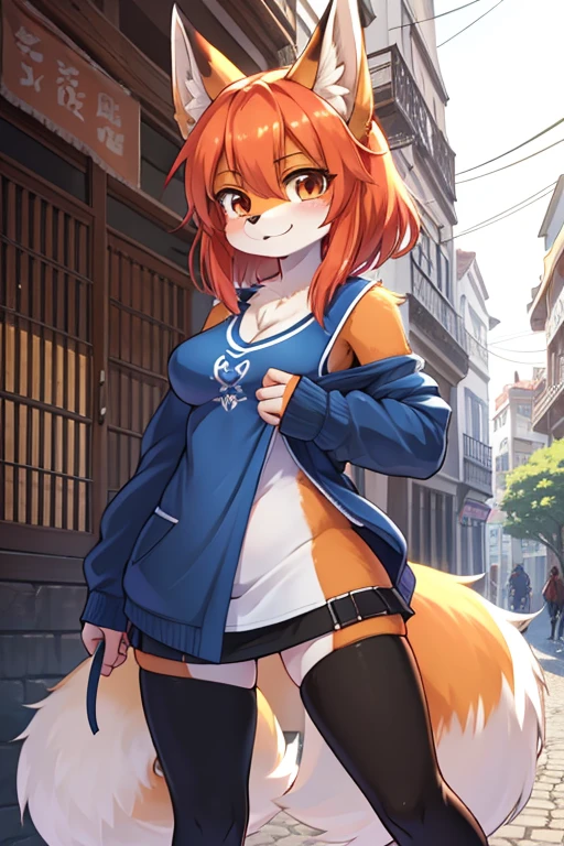 garota tanuki, 14 anos de idade, furry, usando uniforme escolar (estilo de escolas japonesas), corpo bem definido, na rua indo para a escola, imagem de melhor qualidade, super detalhada, estilo anime