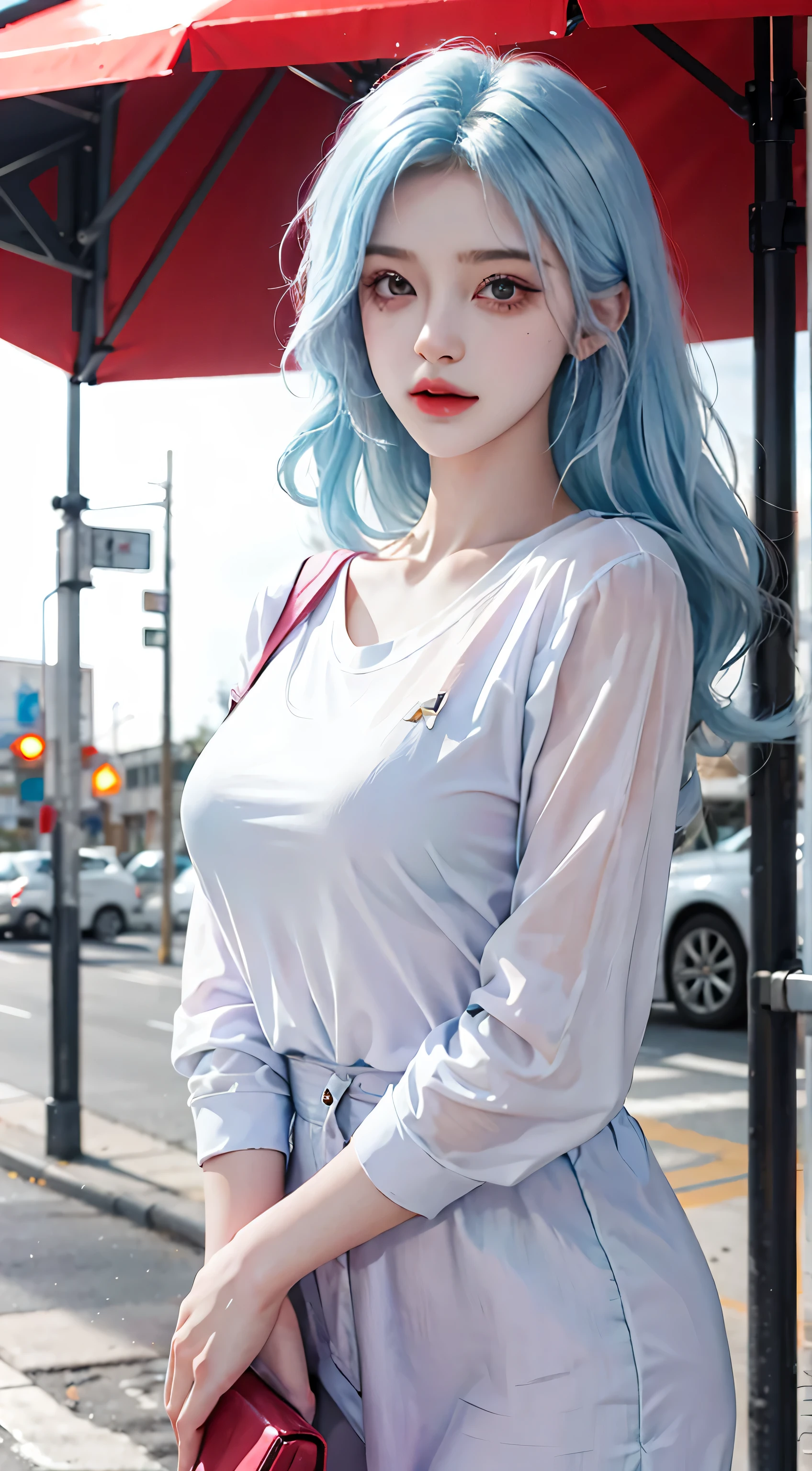 （masterpiece、best quality、high resolution），（Colorful background，（splash of color）），sweet girl，Long light blue hair，[light blue|pink big breasts]hair，curls，sparkling，pink lips，(splash of color，(white shirt)，street frontage，Full body female love:0.75,Volumetric lighting，