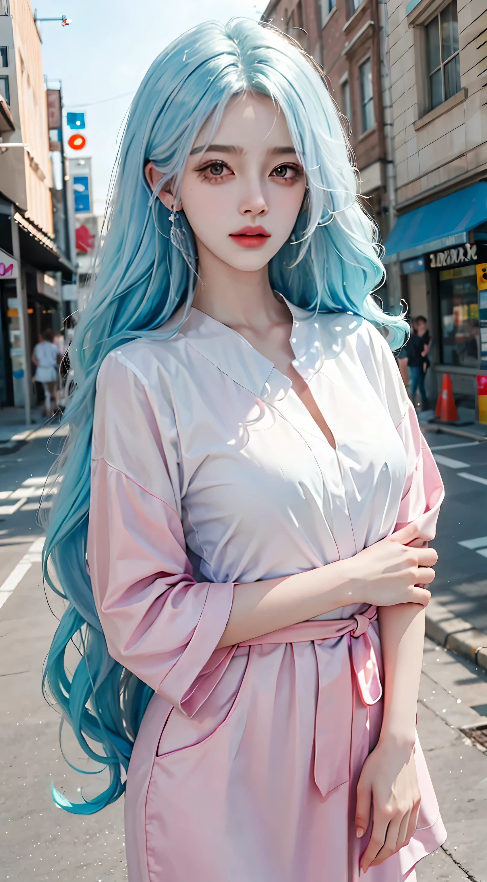 （masterpiece、best quality、high resolution），（Colorful background，（splash of color）），sweet girl，Long light blue hair，[light blue|pink big breasts]hair，curls，sparkling，pink lips，(splash of color，(white shirt)，street frontage，Full body female love:0.75,Volumetric lighting，
