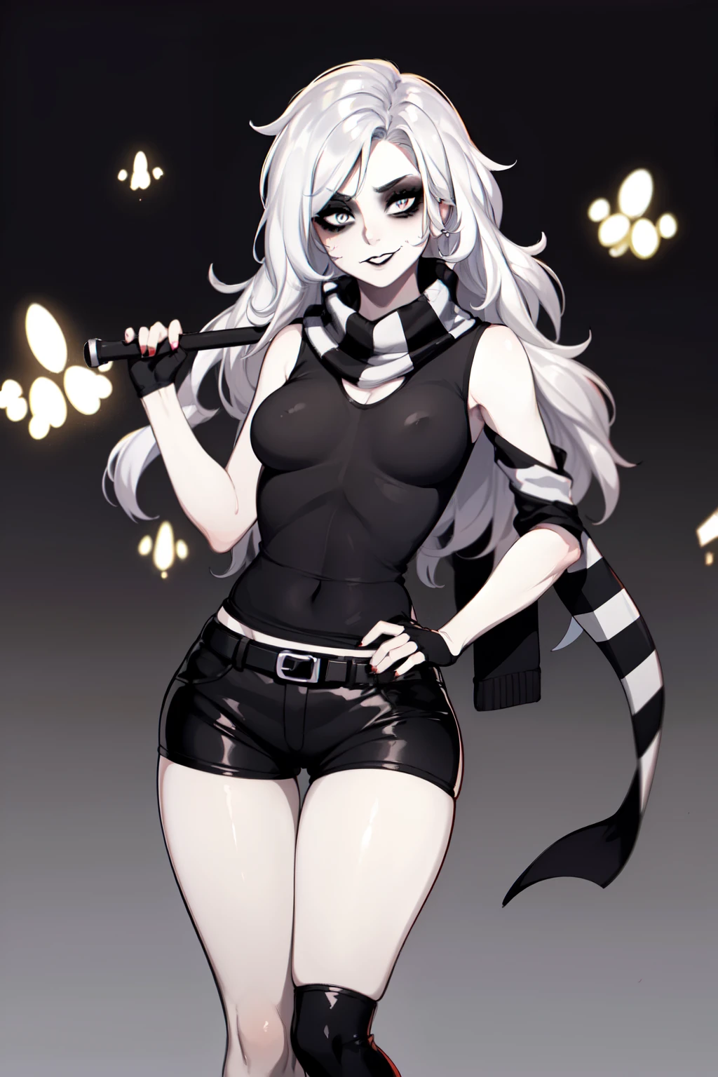 ZeroCYPA, (black eyelids:1.4), (stitched cheek on mouth:1.3), makeup, black lips, grey eyes, white hair, long hair, (pale skin:1.1), striped scarf, (black shirt:1.2), sleeveless, (black shorts:1.2), black thighhighs