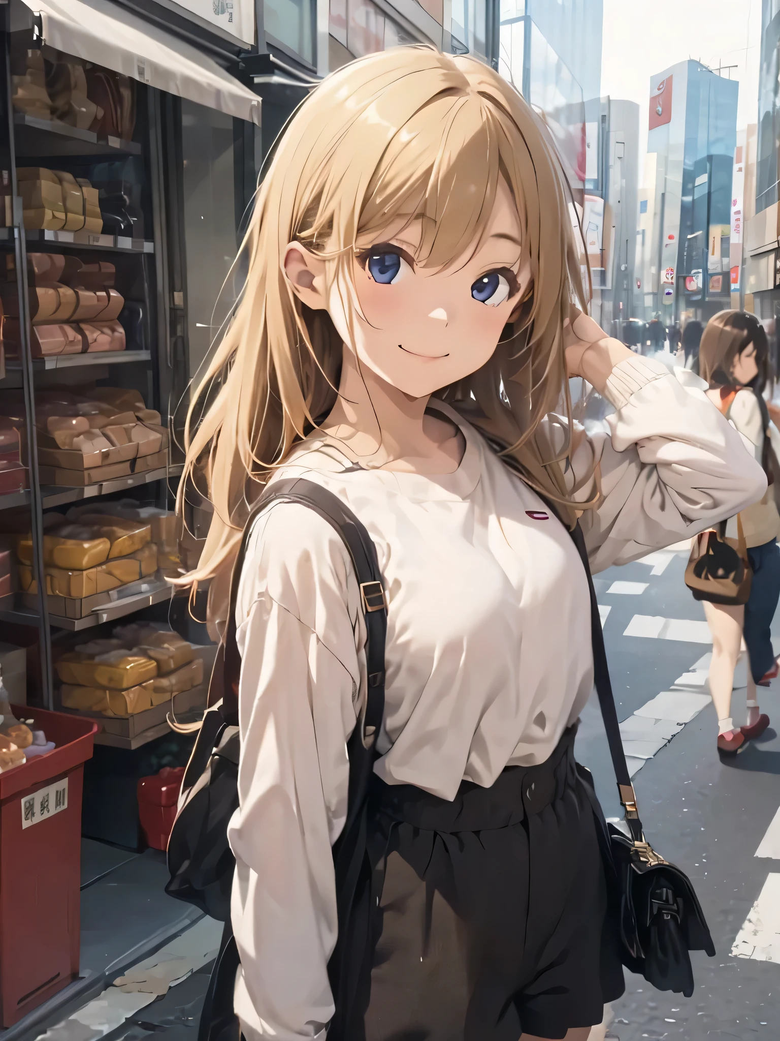 girl、blonde、No sleeve、Sleepyhead、half pants whole body、overhead camera、looking up, shibuya, smile, blash 