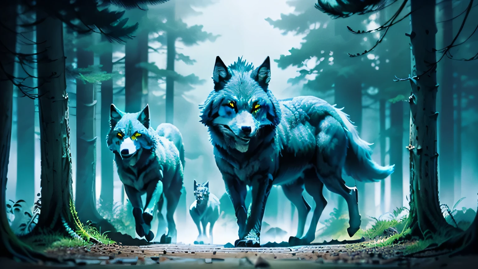 three wolfs walking in a forest with fog and trees, wolves, wolf pack following, symmetrical epic fantasy art, by Kerembeyit, realistic fantasy illustration, by Caspar Wolf, by Wolf Huber, by Otakar Kubín, fantasy wolf portrait, symmetric concept art, by Jesper Ejsing, by Adam Marczyński