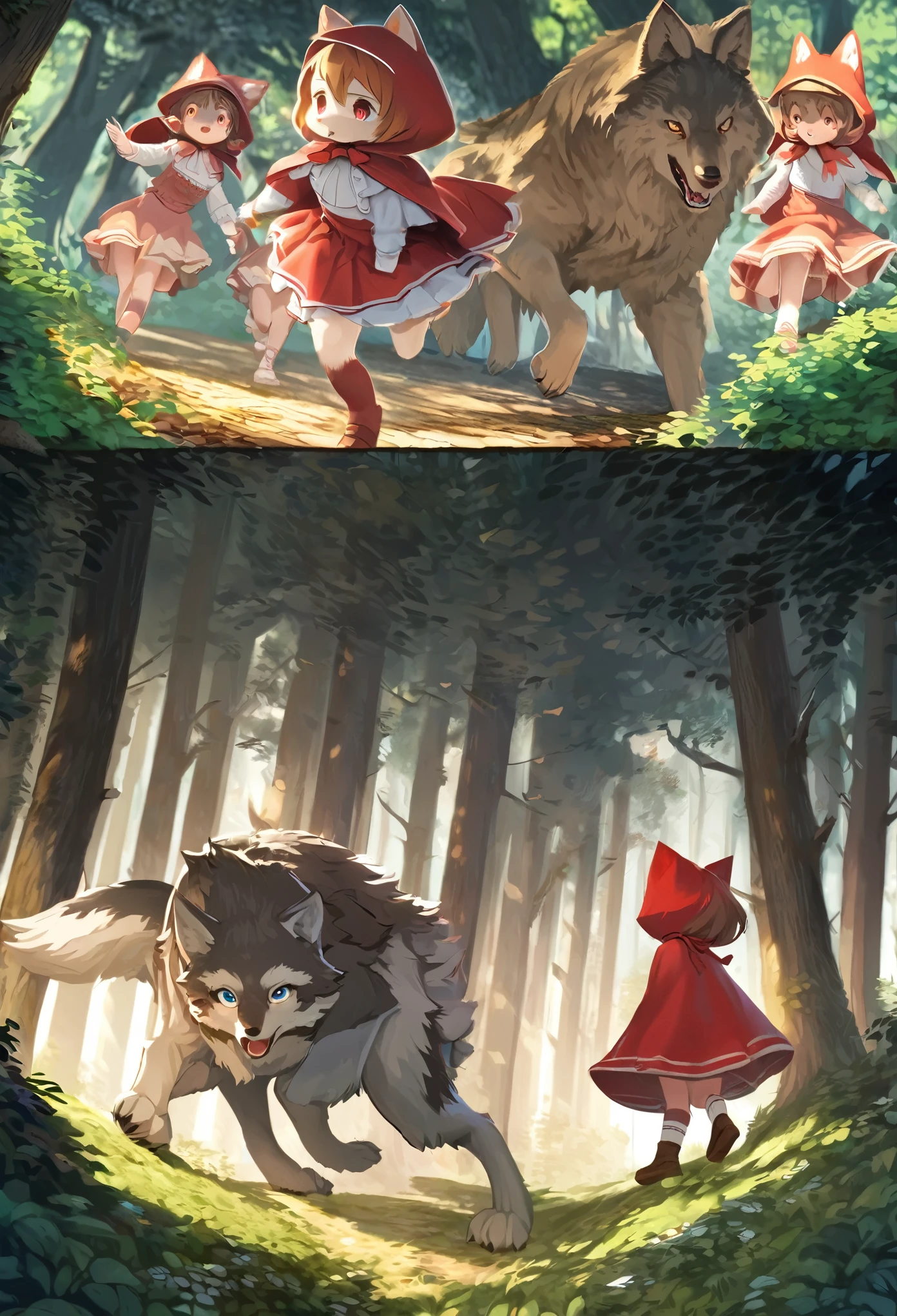 top quality, best quality, High-quality illustrations, masterpiece, super high resolution, detailed background, Little Red Riding Hood, forest, A wolf chases a girl, 6+boys, 6+girls, absurdres(highly detailed beautiful face and eyes)perfect anatomy, expression, good lighting, cinematic shadow(kemono, furry anthro)assorted poses, dynamic angle,