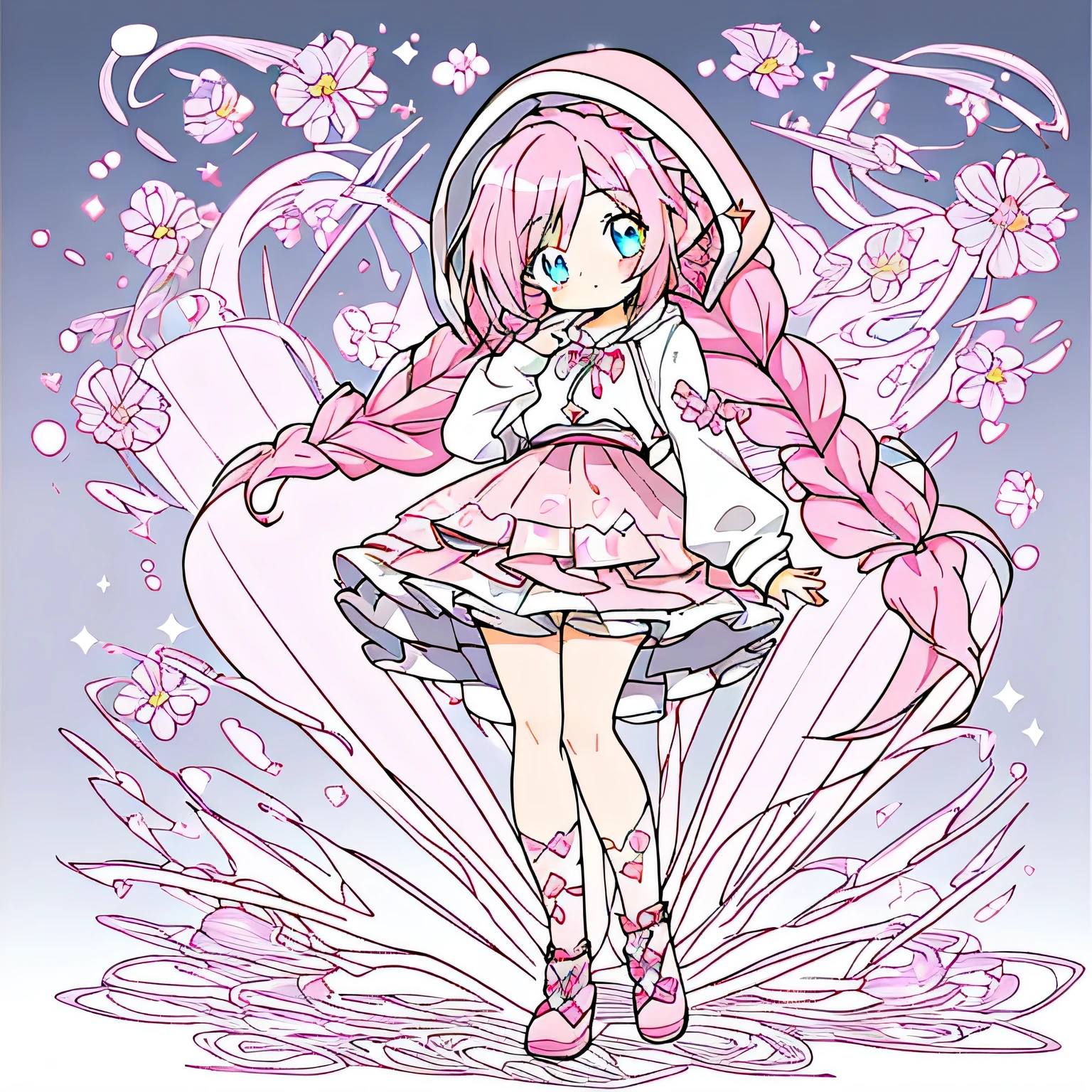 1 girl, full body, She is wearing a pink skirt with lace, Wearing a hoodie in pink fashion。,colorful hair, Long blue sparkling eyes with double braided pigtail hairstyle, big, perfect eyes like diamonds, cute, Character Design, be familiar with, anime, formal, flower pattern, Pink details with sparkles and brushes, Leprechaun wind、2D、anime、An illustration