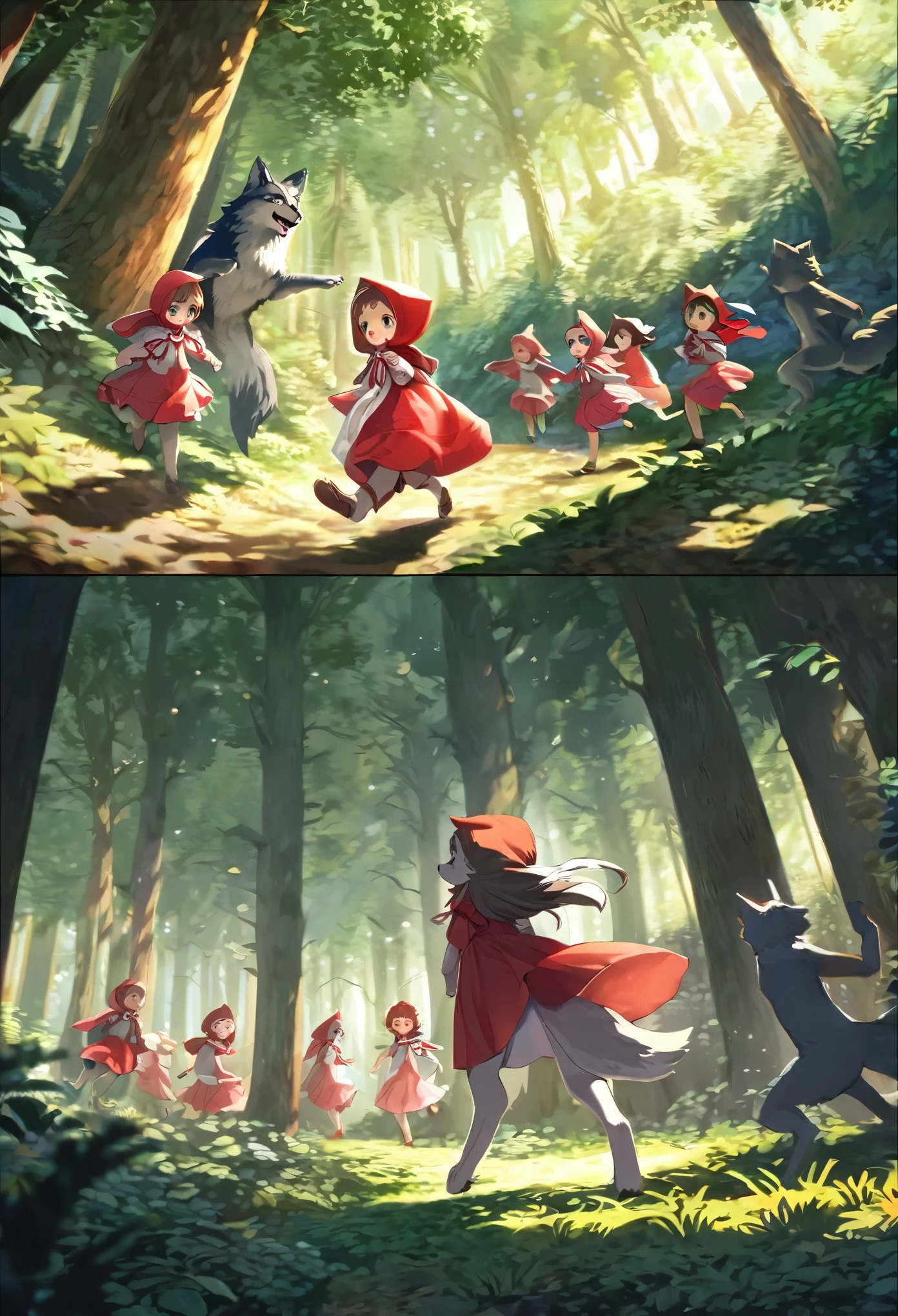 top quality, best quality, High-quality illustrations, masterpiece, super high resolution, detailed background, Little Red Riding Hood, forest, A wolf chases a girl, 6+boys, 6+girls, absurdres(highly detailed beautiful face and eyes)perfect anatomy, expression, good lighting, cinematic shadow(kemono, furry anthro)assorted poses, dynamic angle,