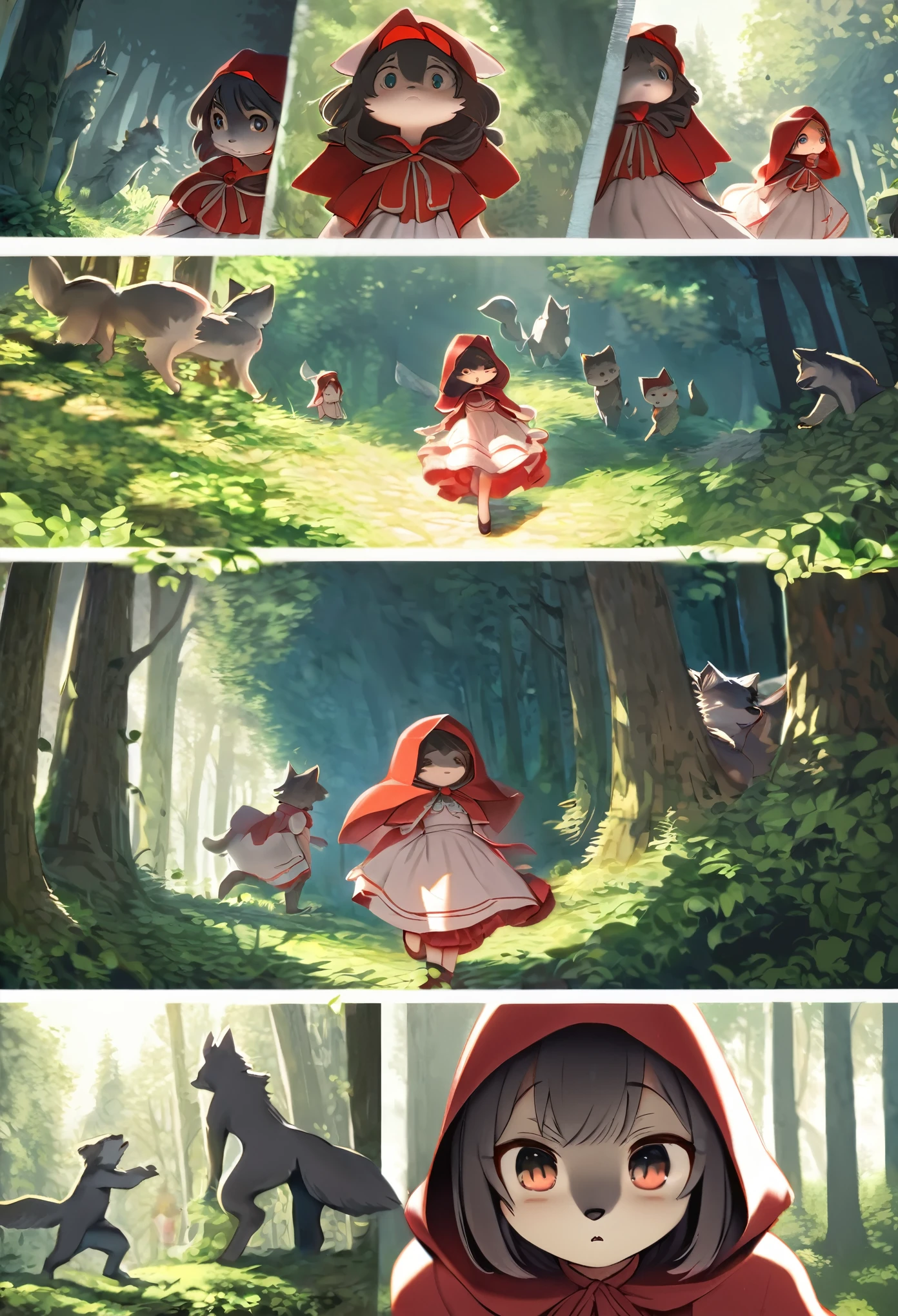 top quality, best quality, High-quality illustrations, masterpiece, super high resolution, detailed background, Little Red Riding Hood, forest, A wolf chases a girl, 6+boys, 6+girls, absurdres(highly detailed beautiful face and eyes)perfect anatomy, expression, good lighting, cinematic shadow(kemono, furry anthro)assorted poses, dynamic angle,