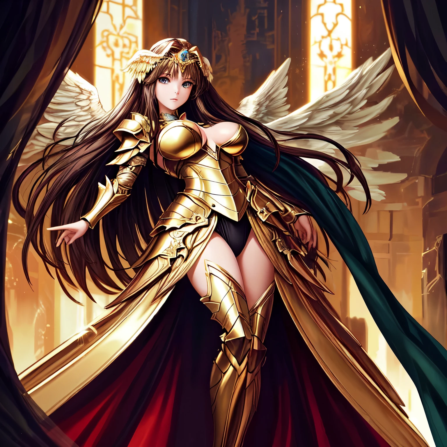 (masterpiece), (best quality), (high detail), nsfw, best quality, extremely beautiful, beautiful face, angel woman, 2 huge golden wing, revealing armor with open front skirt, very long dark hair