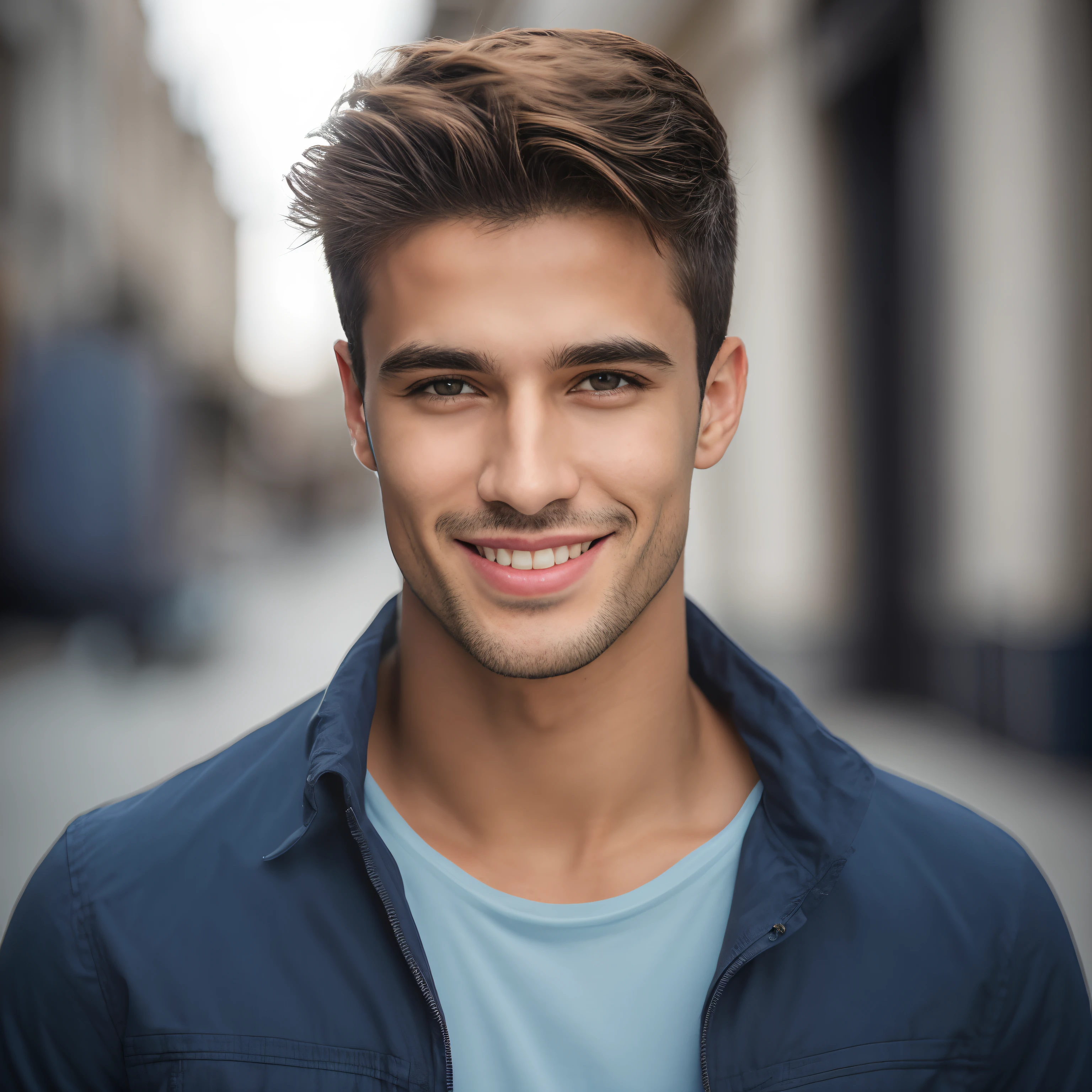 Rapaz jovem com uma camisa azul e uma jaqueta azul sorrindo, rapaz com olhos azuis, Jovem com rosto bonito, bonito rosto atraente, Macho sorridente, macho atraente, homem atraente, jovem atraente, jovem bonito, retrato do jovem bonito, rosto bonito perfeito, jovem bonito, Homem magro com pele bronzeada clara, rosto masculino bonito, Macho bonito, homem sorridente, jovem bonito, inspirado em Hendrik Giesler 8k