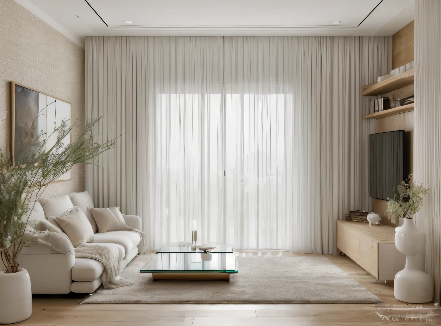 minimalist livingroom interior design, wood floor, rug, luxurious sofa, glass window, glass door, lamp, picture frame, wooden cabinet, white curtain, white ceiling, (masterpiece), realistic, high quality, softlight, natural contrast, scenery,(luxury), stucco wall