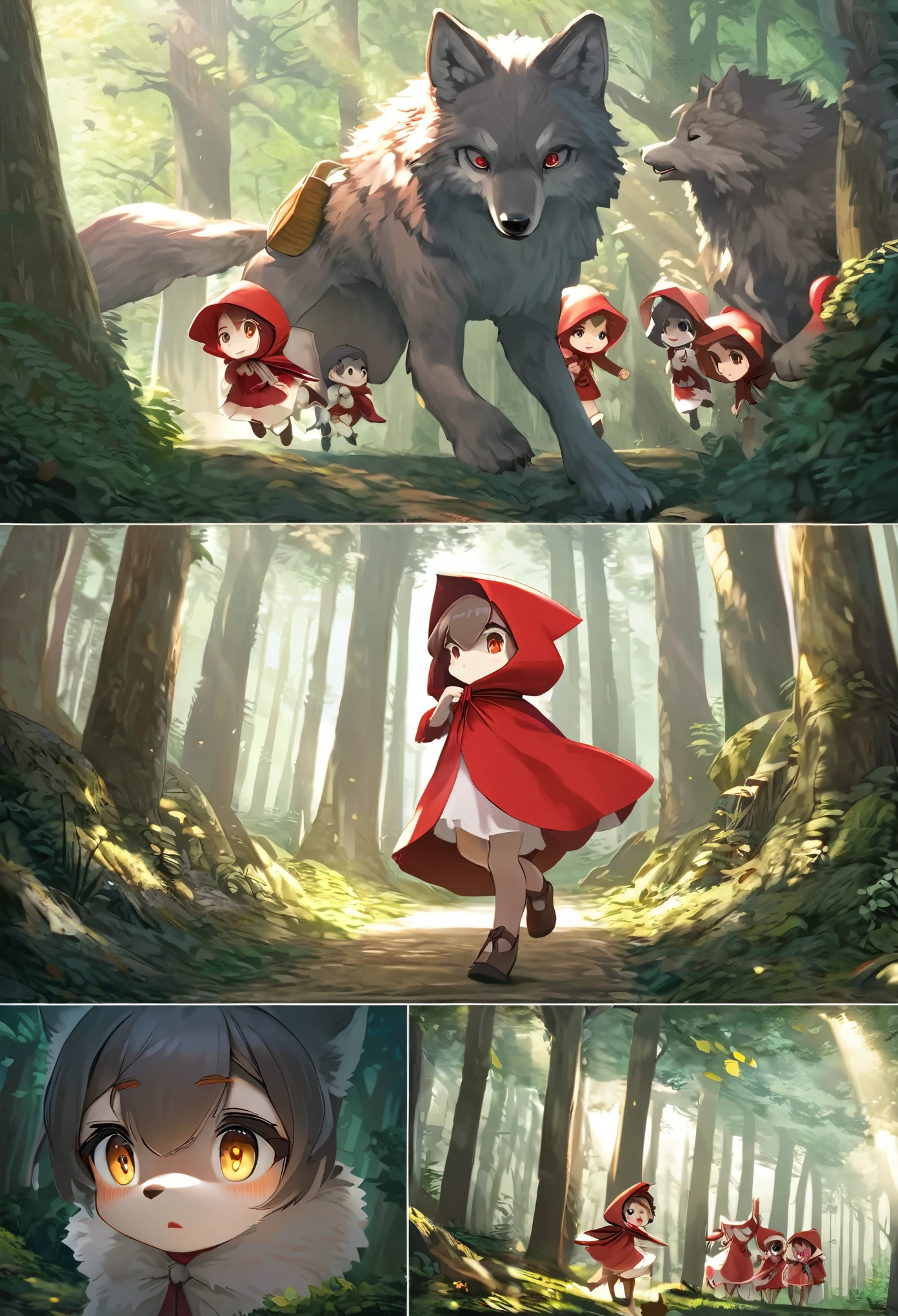 top quality, best quality, High-quality illustrations, masterpiece, super high resolution, detailed background, Little Red Riding Hood, forest, A wolf chases a girl, 6+boys, 6+girls, absurdres(highly detailed beautiful face and eyes)perfect ???????, expression, good lighting, cinematic shadow(kemono, furry anthro)assorted poses, dynamic angle,