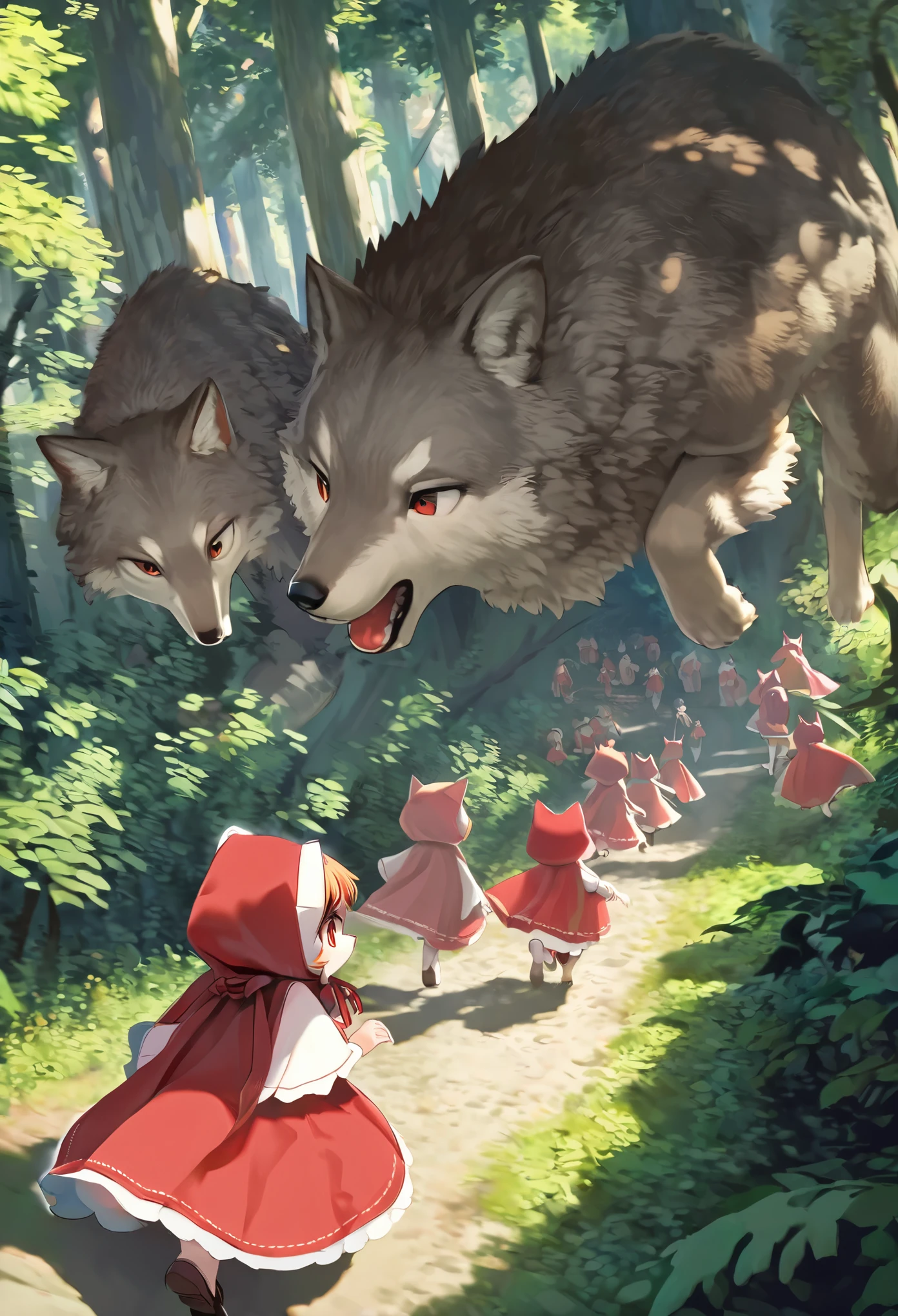 top quality, best quality, High-quality illustrations, masterpiece, super high resolution, detailed background, Little Red Riding Hood, forest, A wolf chases a girl, 6+boys, 6+girls, absurdres(highly detailed beautiful face and eyes)perfect anatomy, expression, good lighting, cinematic shadow(kemono, furry anthro)assorted poses, dynamic angle,