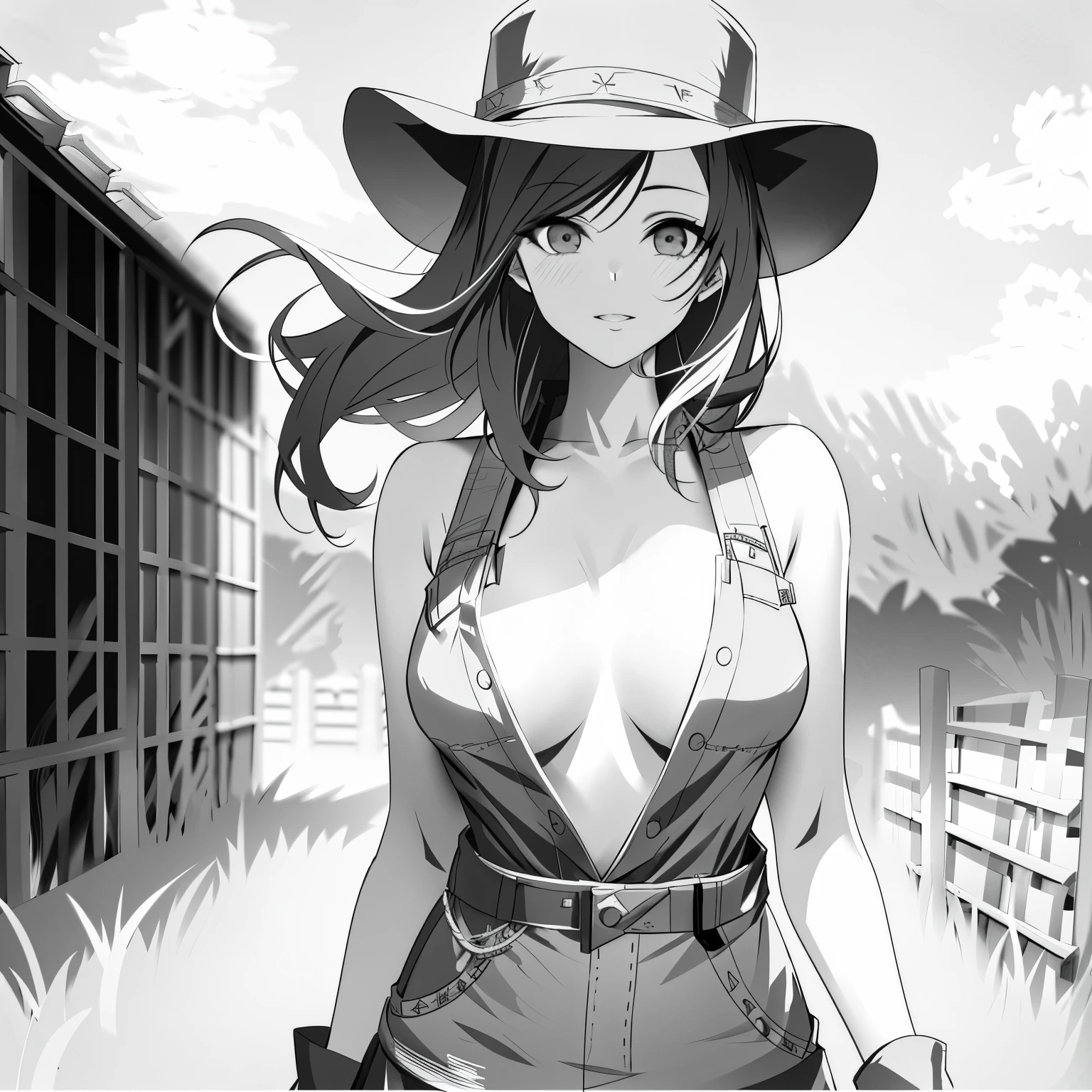 anime girl in hat and dress with a gun, vaqueira, gama murata e artgerm, garota anime sedutora, artgerm extremamente detalhado, vestindo roupas de fazenda, black and white manga style, linda mulher de anime sedutora, female vaqueira, vaqueira, fanart de alta qualidade, western vaqueira, Makoto Shinkai e Artgerm, black and white manga comics