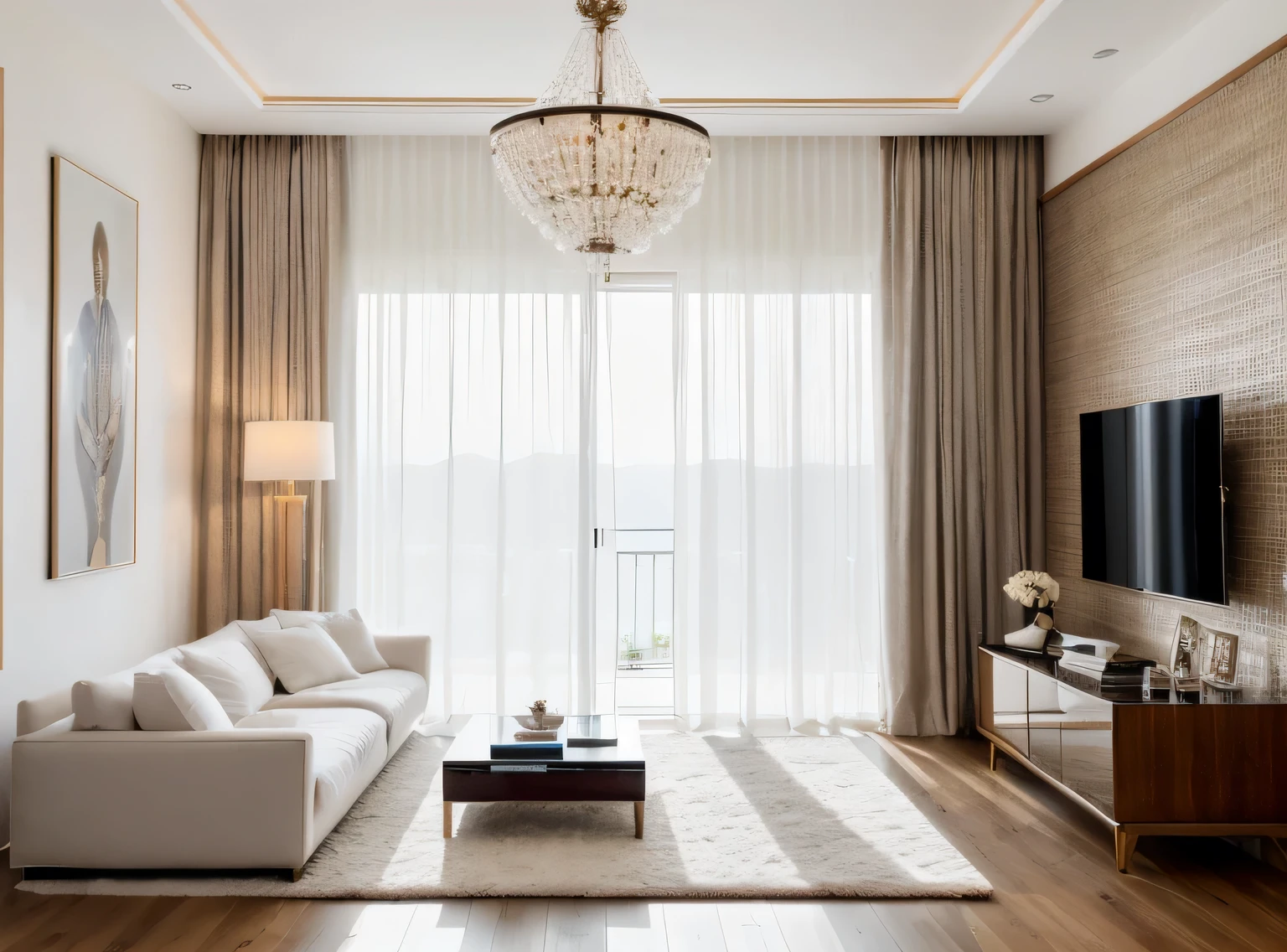 luxurious livingroom interior design, wood floor, rug, glass window, glass door, lamp, picture frame, wooden cabinet, white curtain, white ceiling, (masterpiece), realistic, high quality, softlight, natural contrast, scenery,(luxury)
