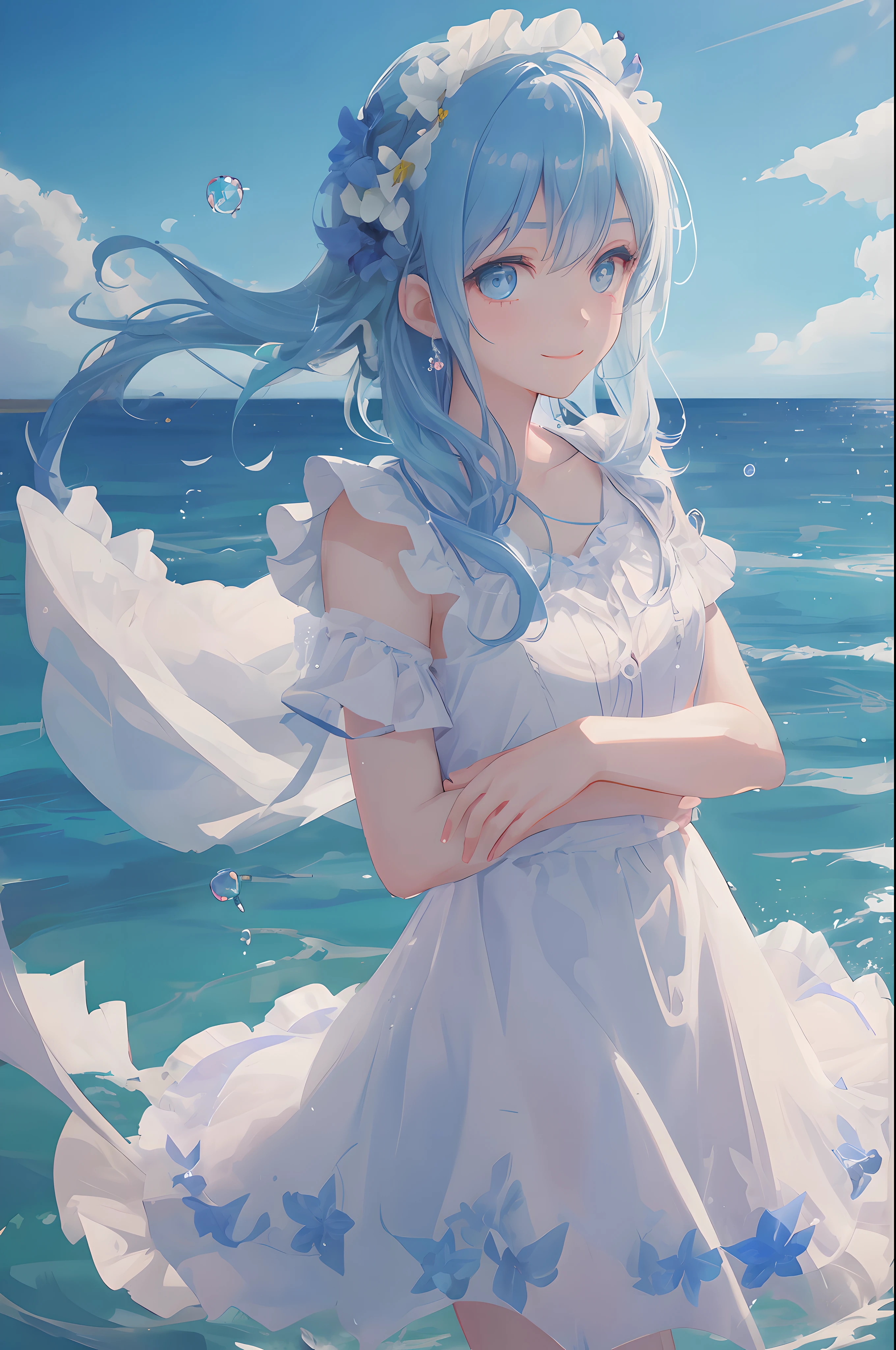 Cornflower, The art of dreamers
(a petite girl,have beautiful eyes.) Beautiful light blue hair, light blue monochromatic dress, Upper body, The depth of field in the photo is perfect, Lens flare adds a nice touch. The delicate facial features on his face really stand out, And the score in this photo is definitely above 10 points. The background is the beautiful sea,The sea water is crystal clear,There are water droplets floating on the surface of the water. What a stunning photo,Captured the beauty and water of the girl.),Accurate iris depiction,Try to embrace the audience affectionately with a gentle smile like a goddess,