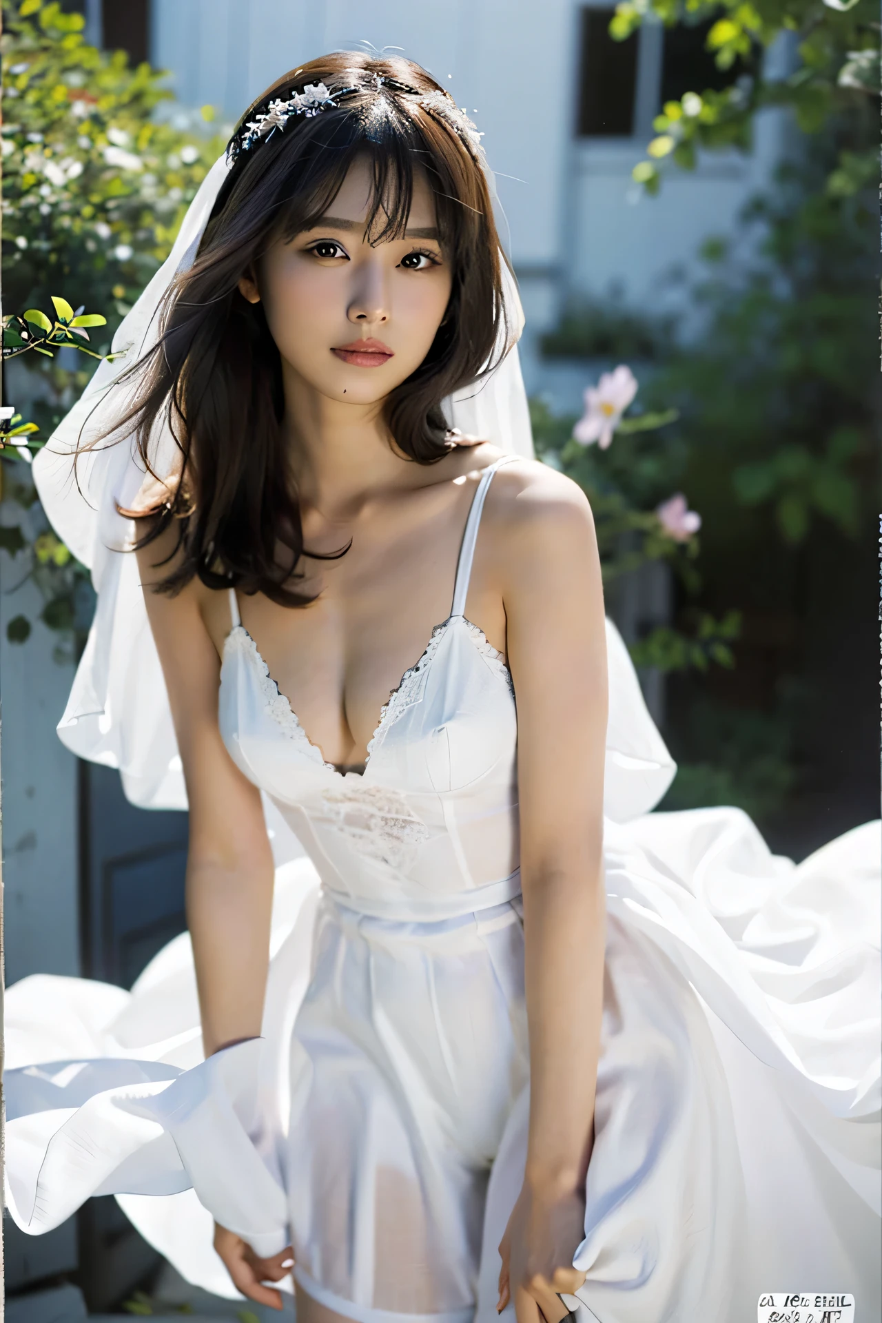 ((8k:1.27), best quality, masterpiece, ultra highres:1.2), (beautiful detailed eyes, long eyelashes, double eyelid), (finely detailed beautiful eyes: 1.2),high detail, detailed hairstyle, detailed face, hyper realistic,
1girl, solo, (22 years old), gravure idol, (medium breasts),
black hair,
closed mouth, (smiling:0.8), gravure,
((white:1.4) wedding dress:1.2), wedding veil, marilyntug,
looking at viewer, (cowboy shot:1.2), (front view:1.4), (sexy pose:1.2),
BRAKE,
(cosmos field:1.2),