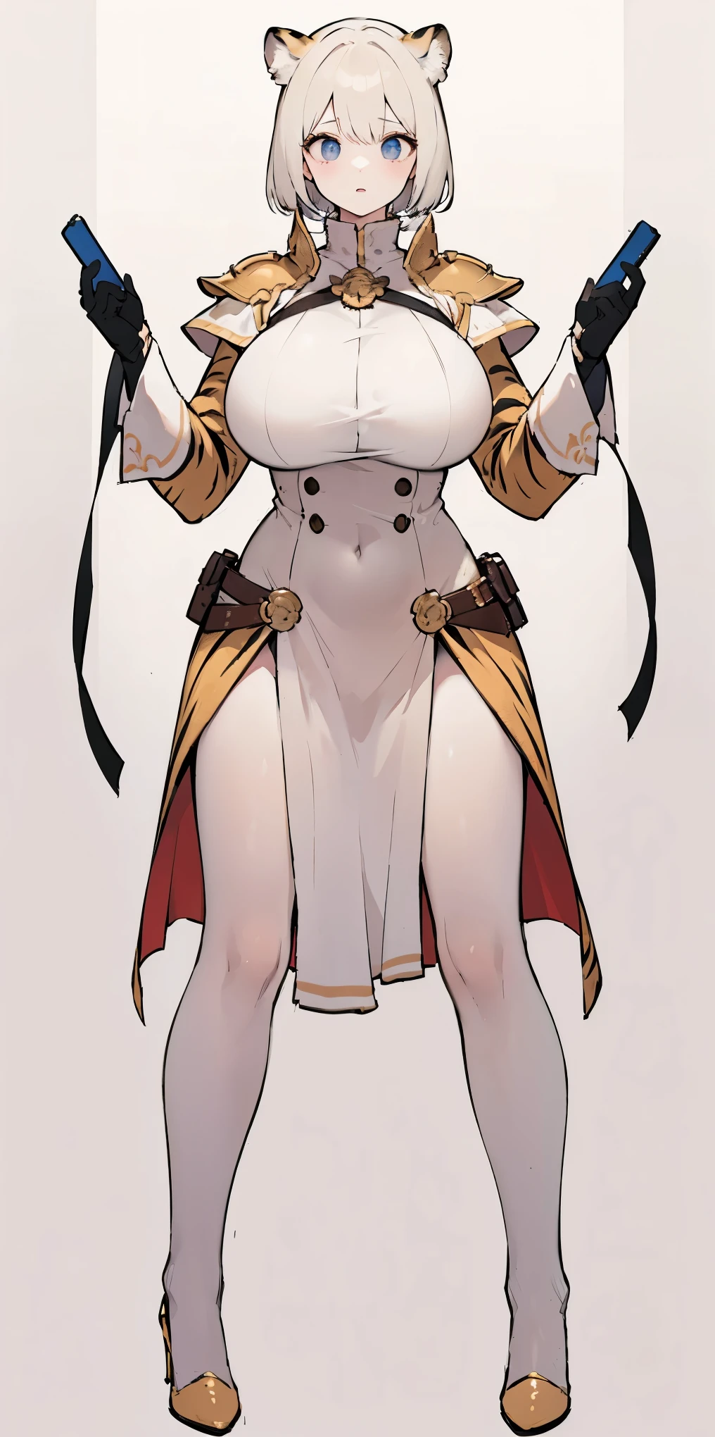 female tiger, 1 solo female stand symmetrical 50%left,50%right (equal proportions), looking to the camera, high heels, big breast
