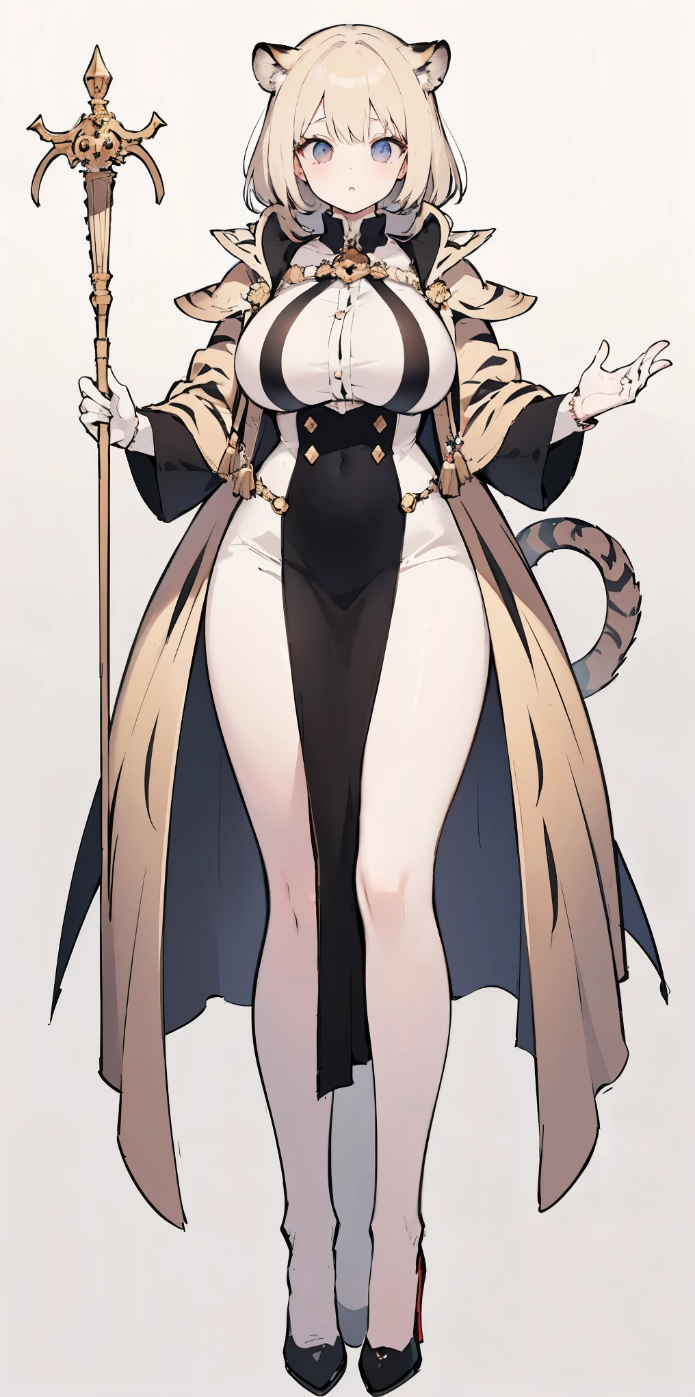 female tiger, 1 solo female stand symmetrical 50%left,50%right (equal proportions), looking to the camera, high heels, big breast